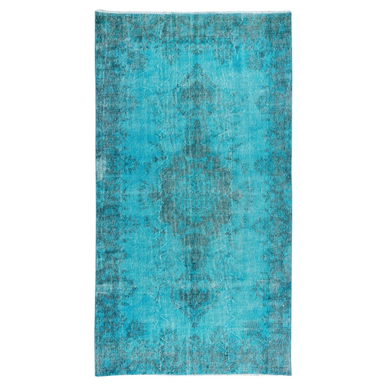 5x9.3 Ft Turkish Handmade Vintage Rug OverDyed in Teal Blue for Living