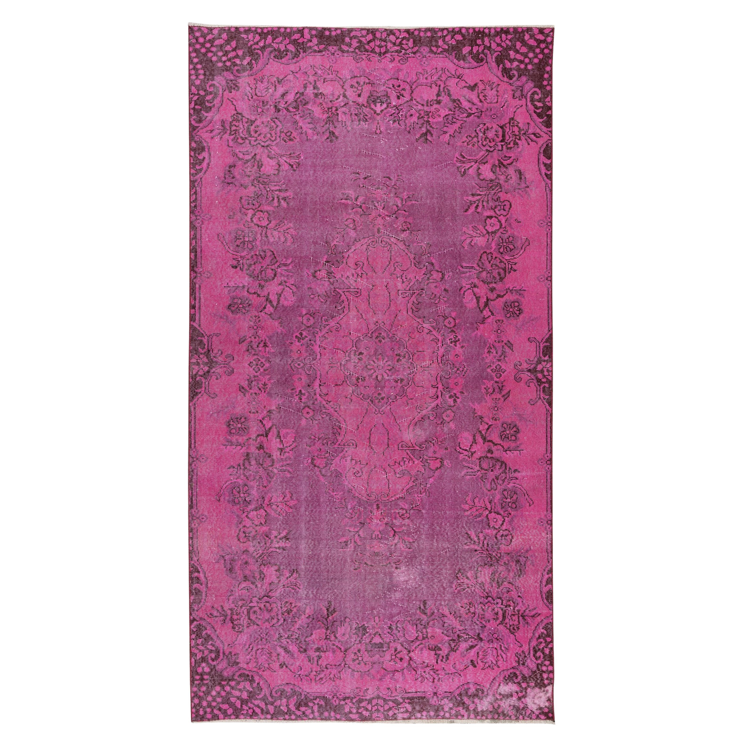 5x9,4 Ft handgefertigter türkischer Vintage-Teppich in Rosa mit Medaillon-Design