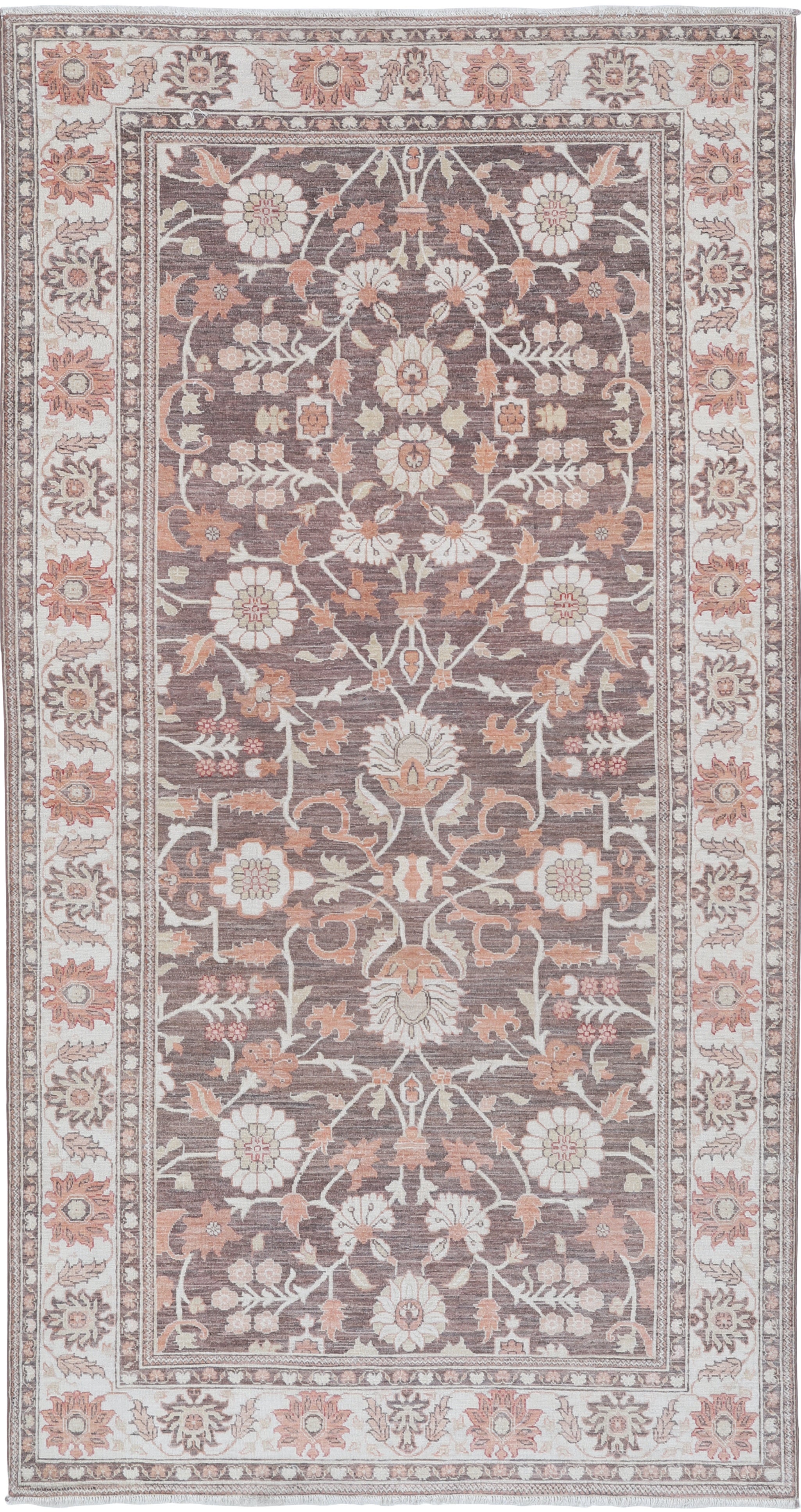 5x9.6 ft Hand Knotted Taupe, Beige, Blush Rug. Traditional Floral Pattern Carpet
