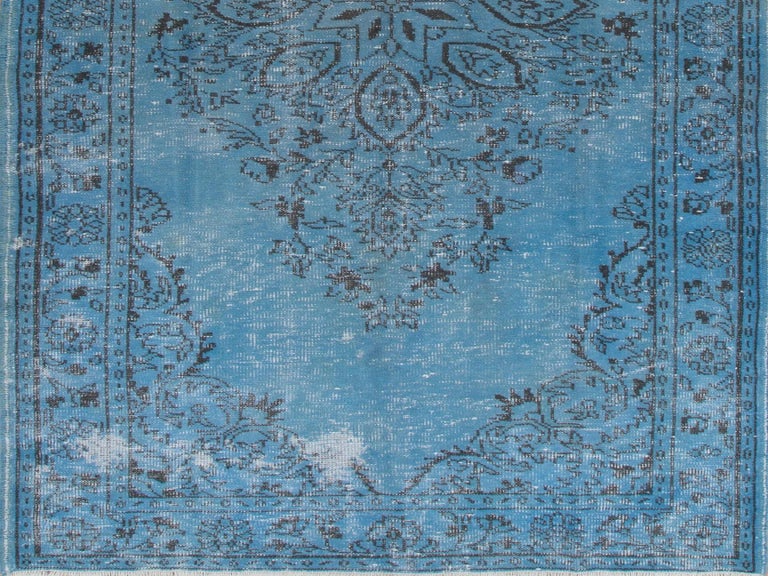 Hand-Woven 5x9.7 Ft Vintage Handmade Turkish Area Rug Over-Dyed in Blue for Modern Interior For Sale