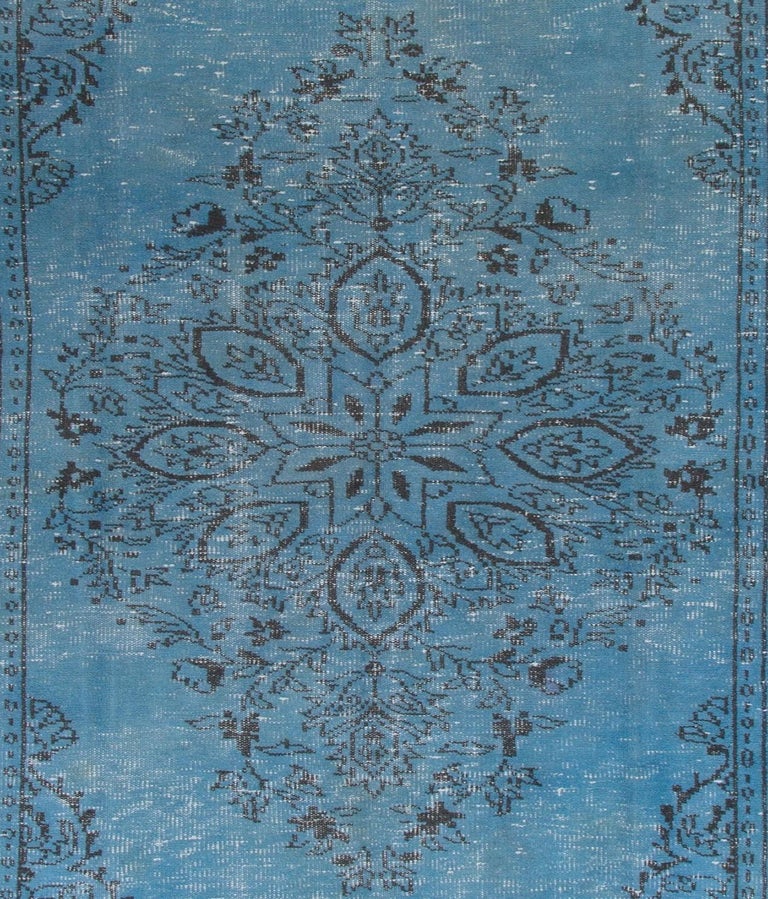 5x9.7 Ft Vintage Handmade Turkish Area Rug Over-Dyed in Blue for Modern Interior In Good Condition For Sale In Philadelphia, PA