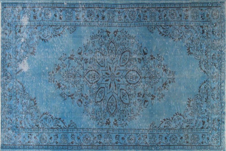 Mid-20th Century 5x9.7 Ft Vintage Handmade Turkish Area Rug Over-Dyed in Blue for Modern Interior For Sale