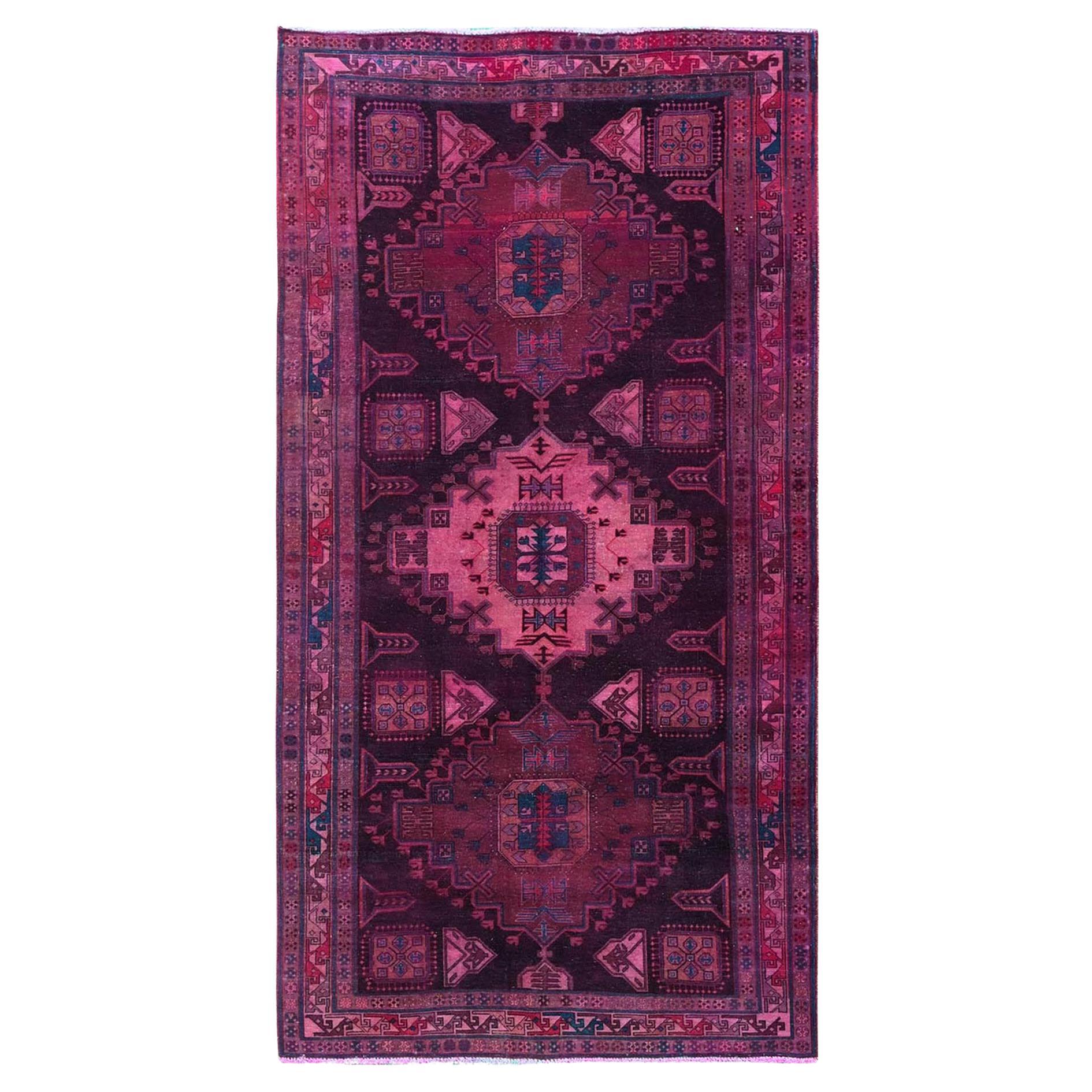 5'x9'7" Hot Pink Overdyed Vintage Persian Hamadan Hand Knotted Wool Runner Rug