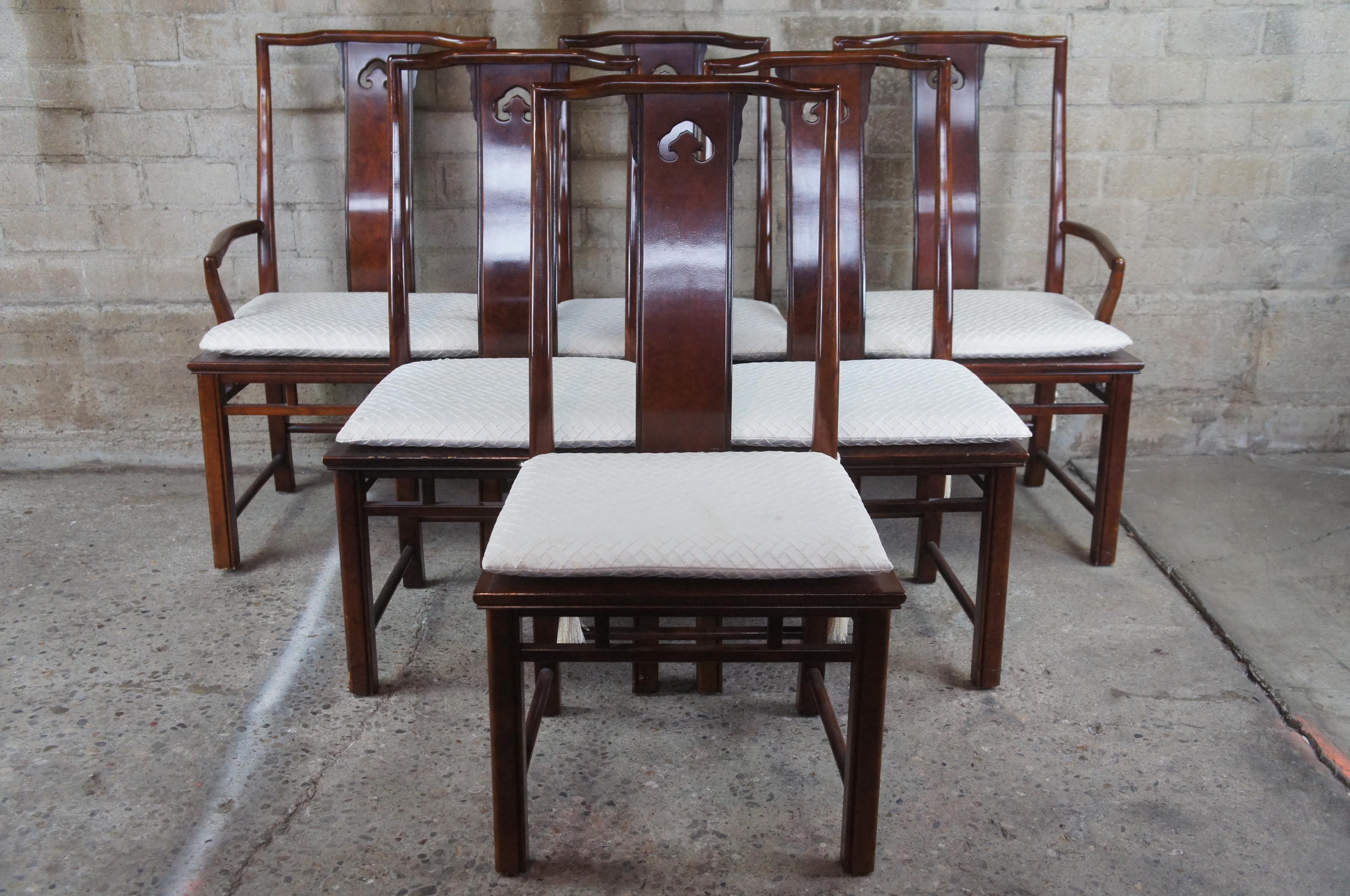 6 1980s White Furniture Mahogany & Burl Mandarin Ming Chinoiserie Dining Chairs 6