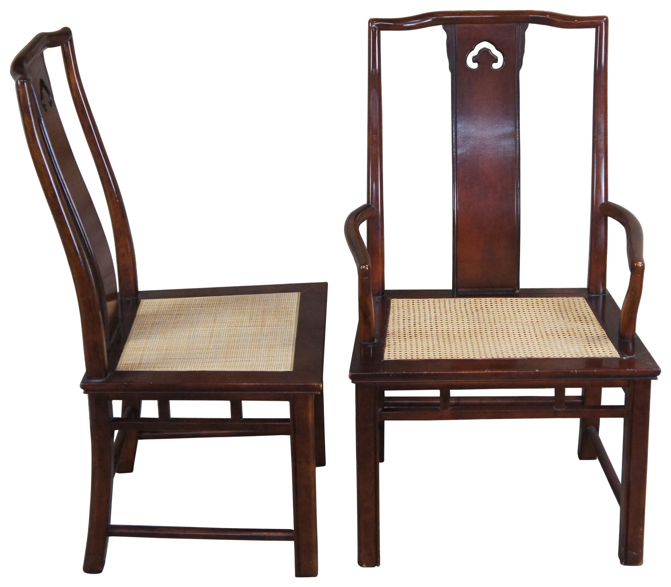 Six vintage 1980s Mandarin dining chairs by White Furniture. Made of mahogany and burl, with Ming style form. Featuring burled and pierced back splat and woven rattan/caned seat.