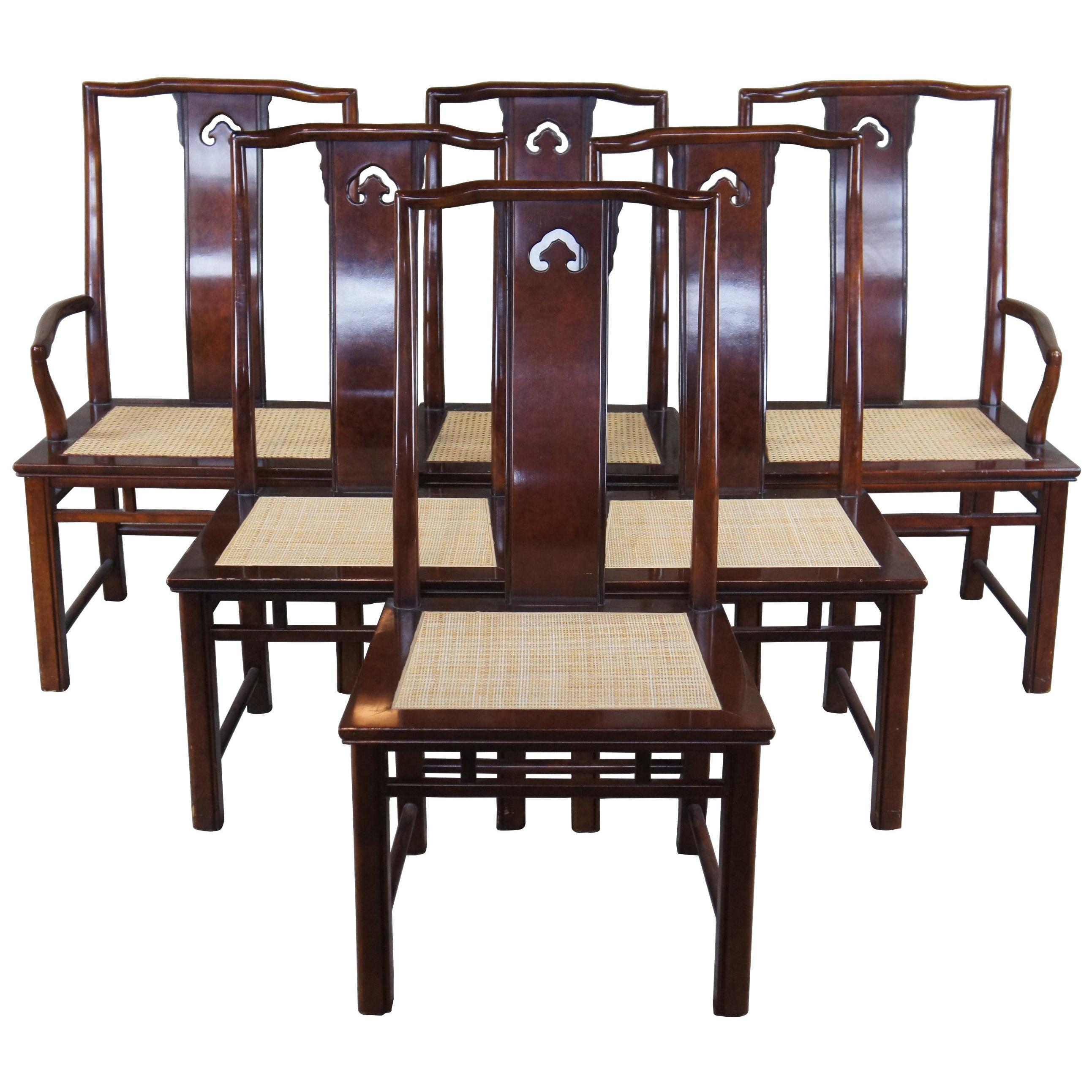 6 1980s White Furniture Mahogany & Burl Mandarin Ming Chinoiserie Dining Chairs