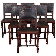 6 19th Century Italian Dining Chairs Walnut Leather