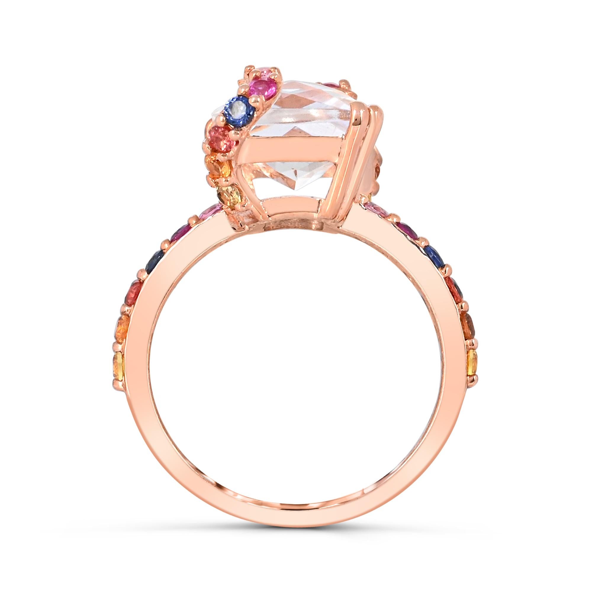 Contemporary 6-3/4 ct. Rock Crystal and Multicolor Sapphire 14K Rose Gold Ring For Sale