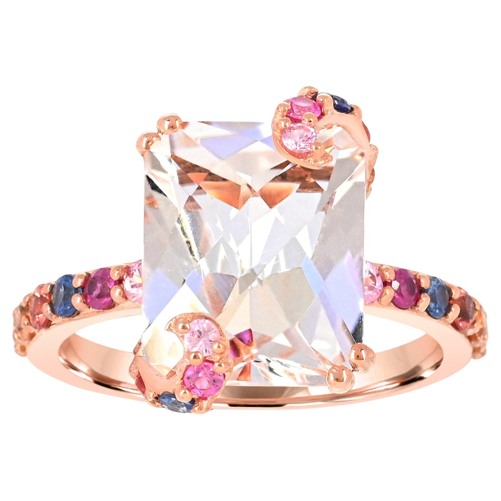 6-3/4 ct. Rock Crystal and Multicolor Sapphire 14K Rose Gold Ring For Sale
