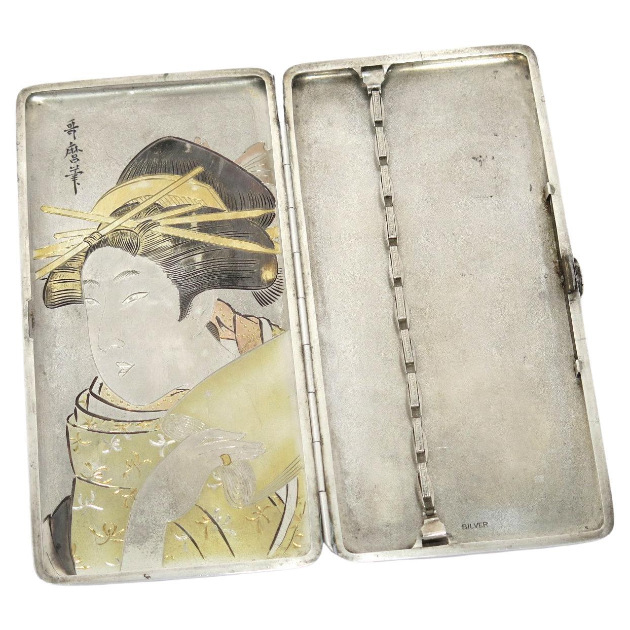 Sterling Silver Antique Japanese Woman w/ Fabric Roll Cigarette Case