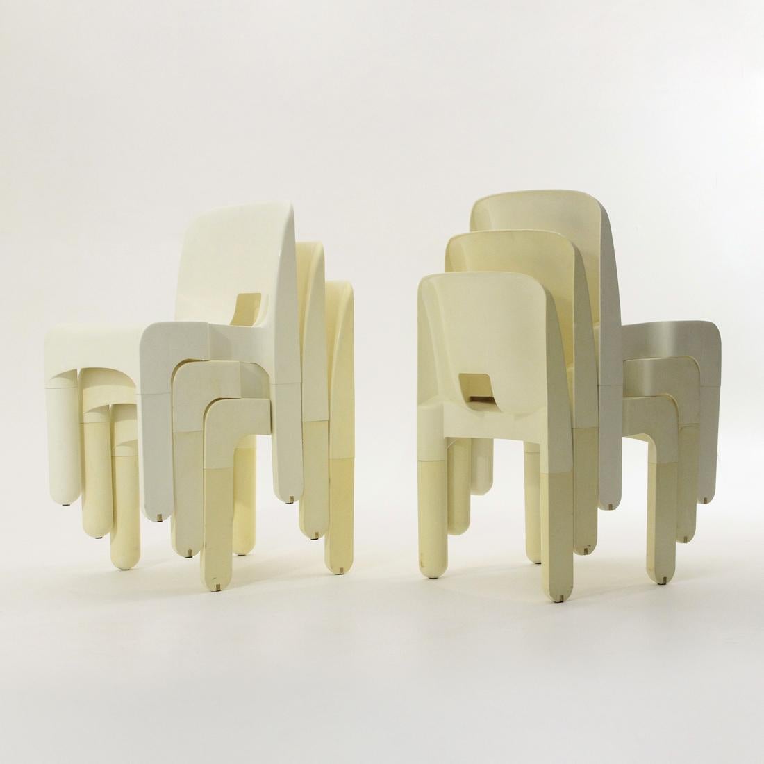 6 “4860” Chairs in White Plastic by Joe Colombo for Kartell, 1960s In Good Condition In Savona, IT