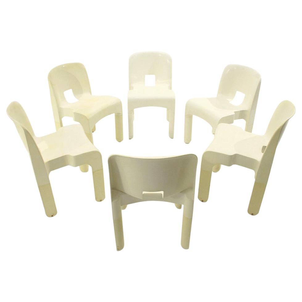 6 “4860” Chairs in White Plastic by Joe Colombo for Kartell, 1960s