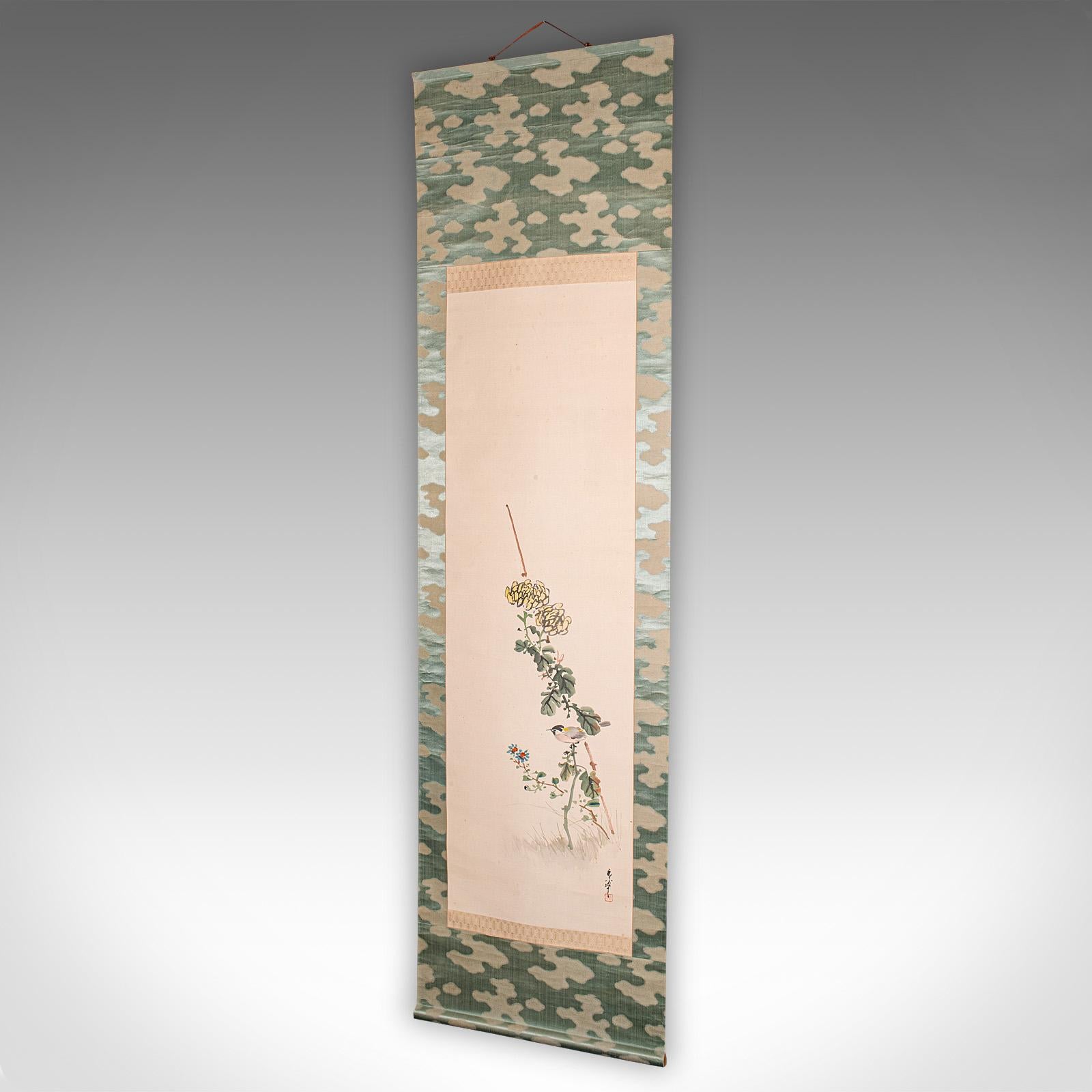 Georgian 6' 6'' Tall Antique Scroll Painting, Japanese Art, Silk Cotton, Wall Panel, 1920 For Sale