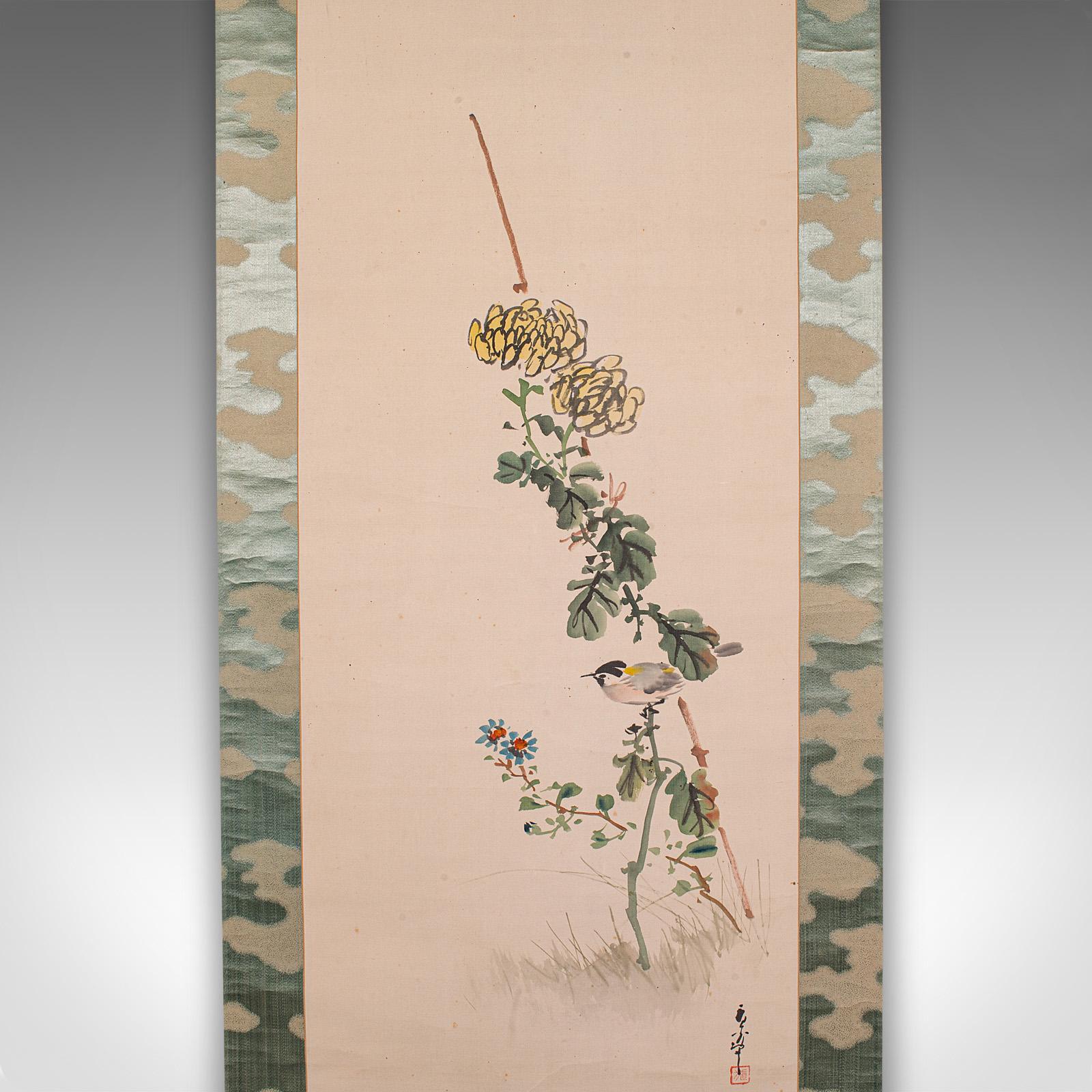6' 6'' Tall Antique Scroll Painting, Japanese Art, Silk Cotton, Wall Panel, 1920 In Good Condition For Sale In Hele, Devon, GB