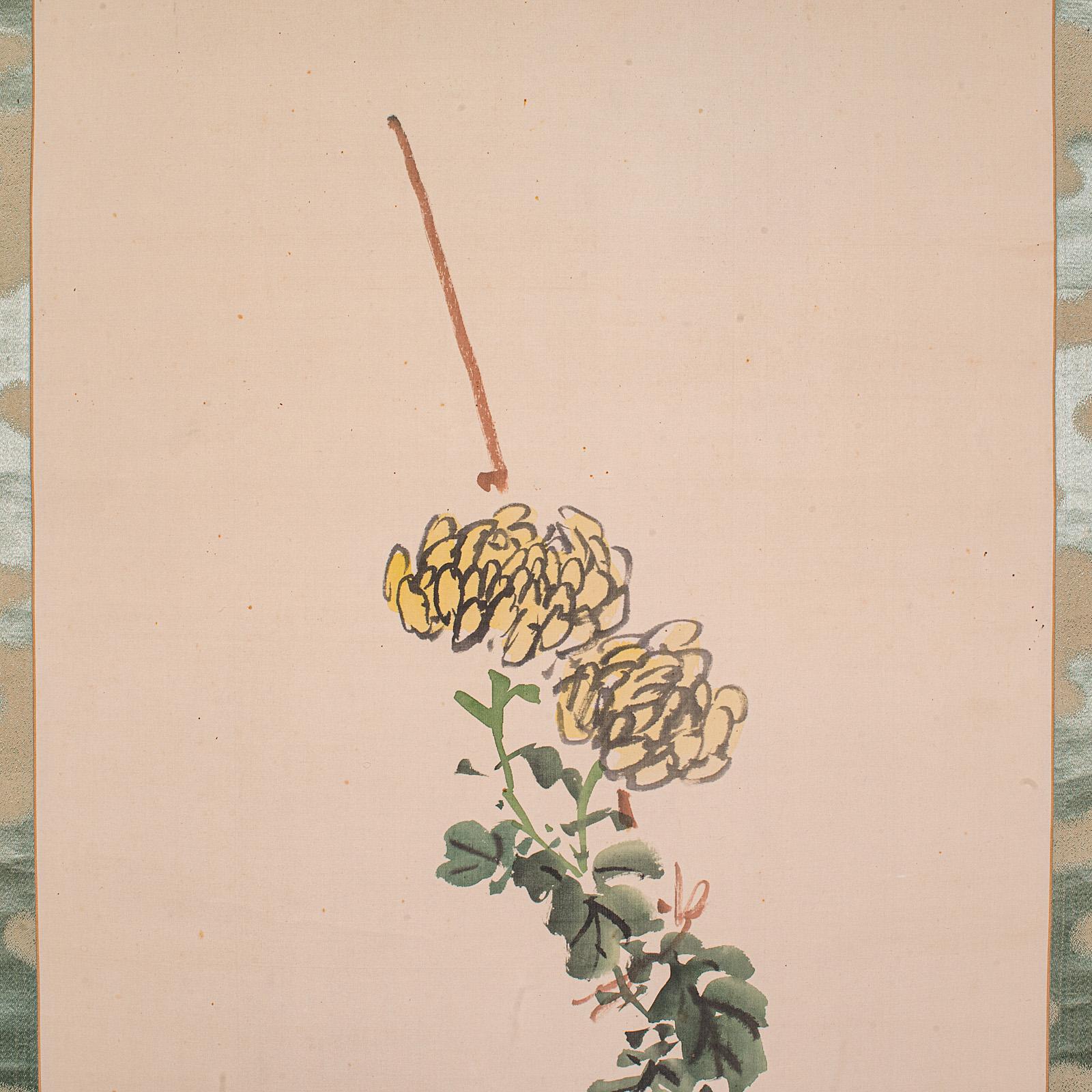 6' 6'' Tall Antique Scroll Painting, Japanese Art, Silk Cotton, Wall Panel, 1920 For Sale 1
