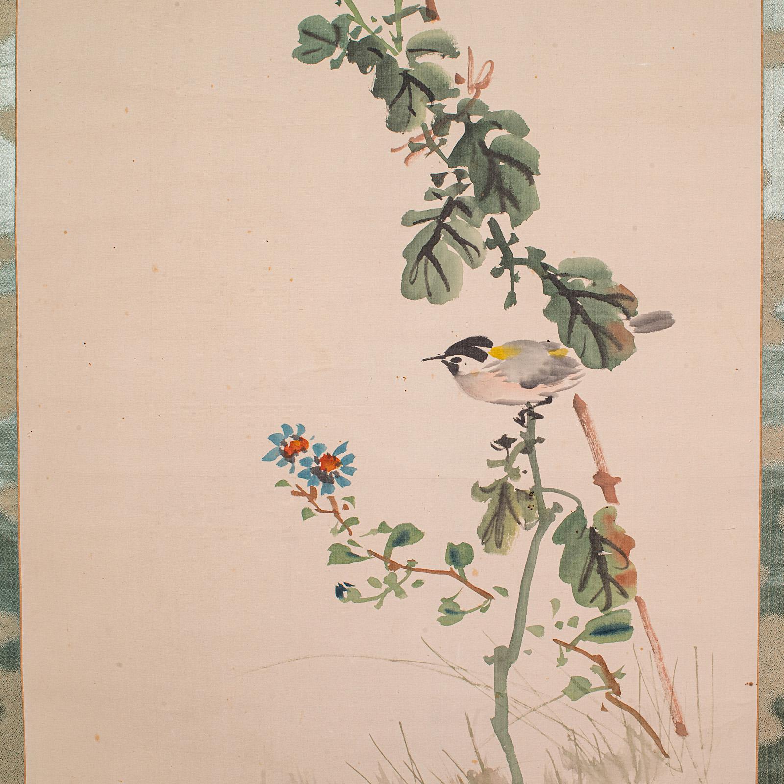 6' 6'' Tall Antique Scroll Painting, Japanese Art, Silk Cotton, Wall Panel, 1920 For Sale 2