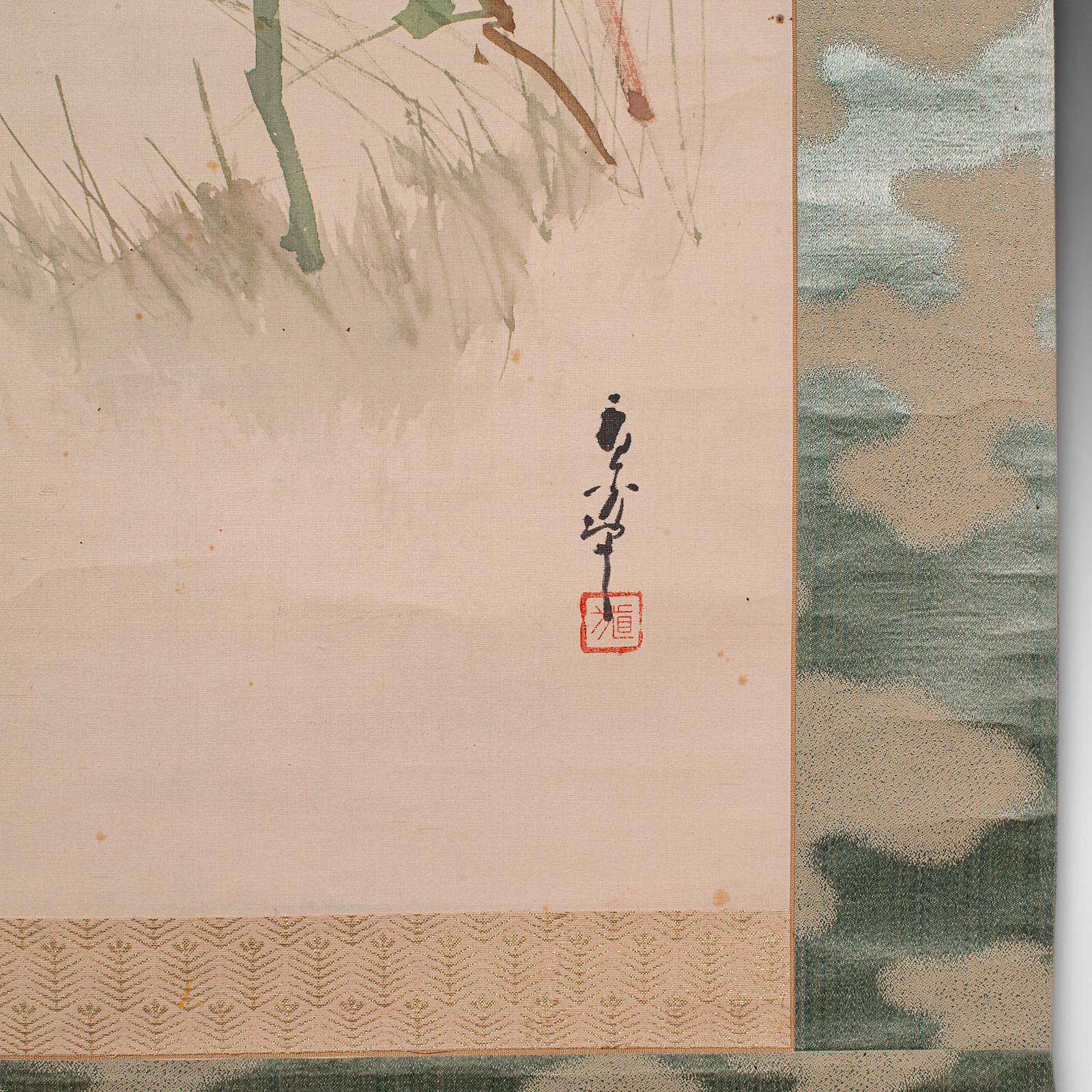 6' 6'' Tall Antique Scroll Painting, Japanese Art, Silk Cotton, Wall Panel, 1920 For Sale 3
