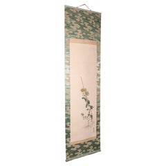 6' 6'' Tall Antique Scroll Painting, Japanese Art, Silk Cotton, Wall Panel, 1920