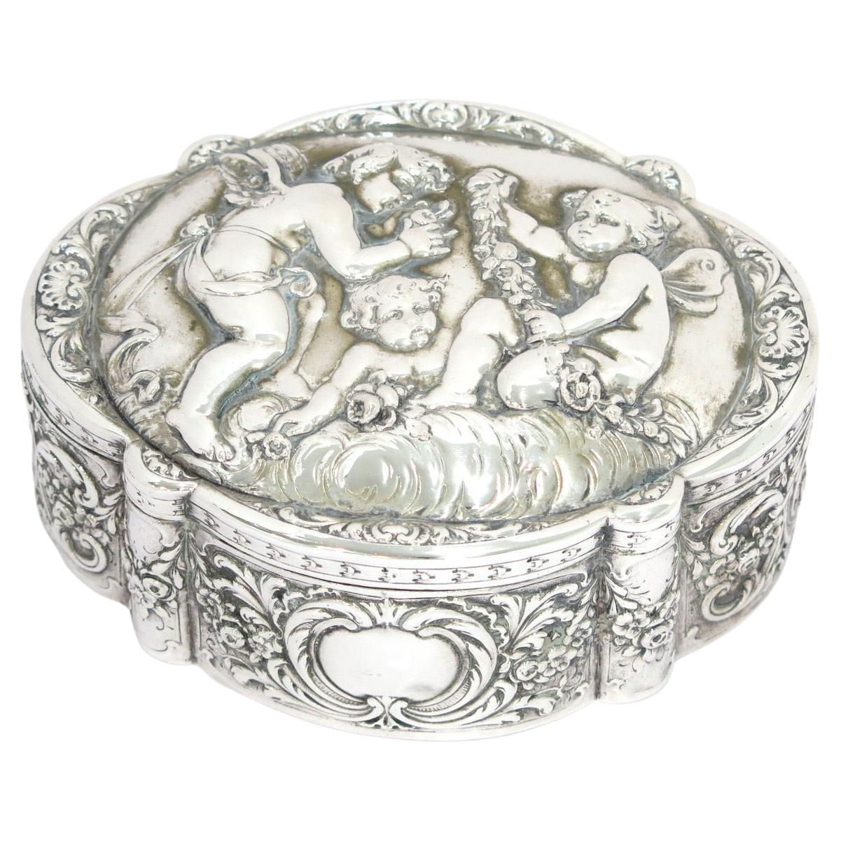 European Silver Antique German Hanau Three Cherubs Floral Box