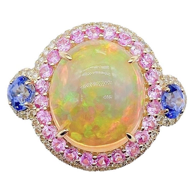 6,939 Seltener 18KT Gold Fancy Opal Rosa Saphir Blau Saphir Diamant Ring