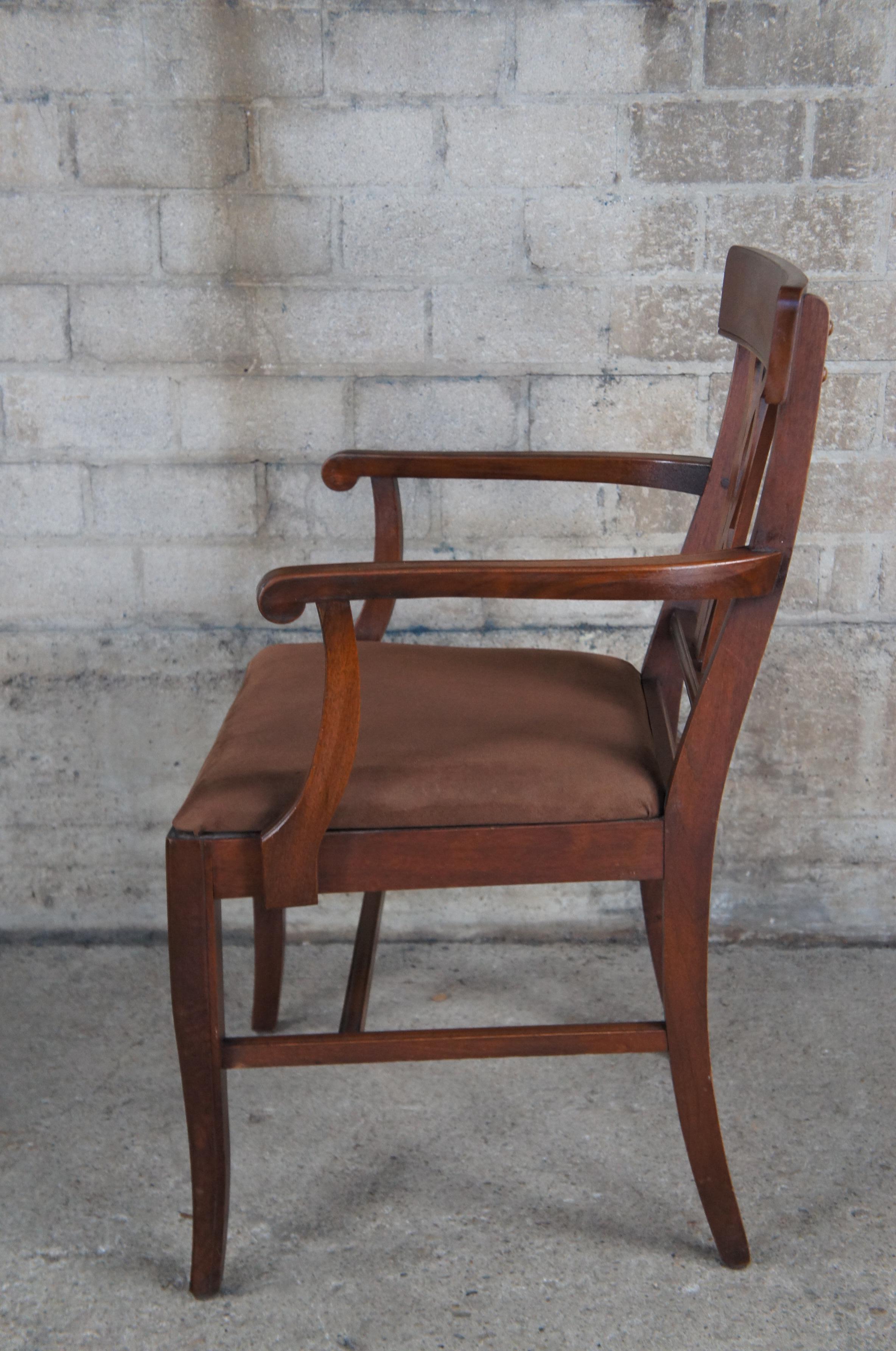 6 American Antique Early 20th Century Walnut Dining Chairs Suede Seat In Good Condition In Dayton, OH