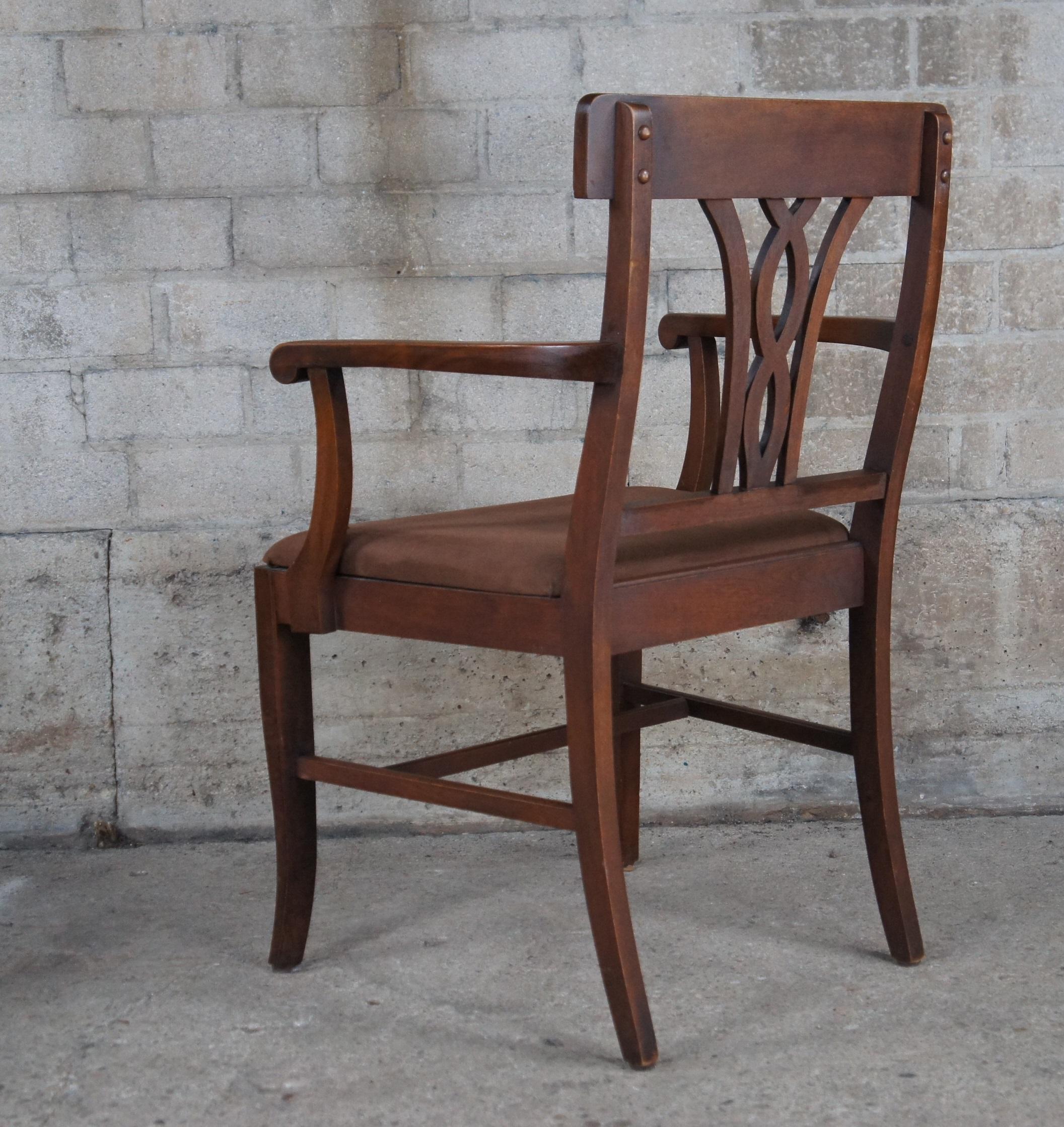 6 American Antique Early 20th Century Walnut Dining Chairs Suede Seat 1