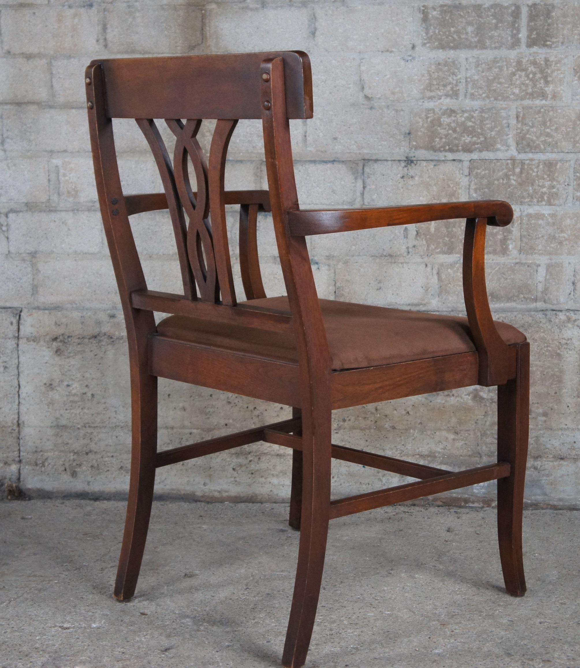 6 American Antique Early 20th Century Walnut Dining Chairs Suede Seat 2