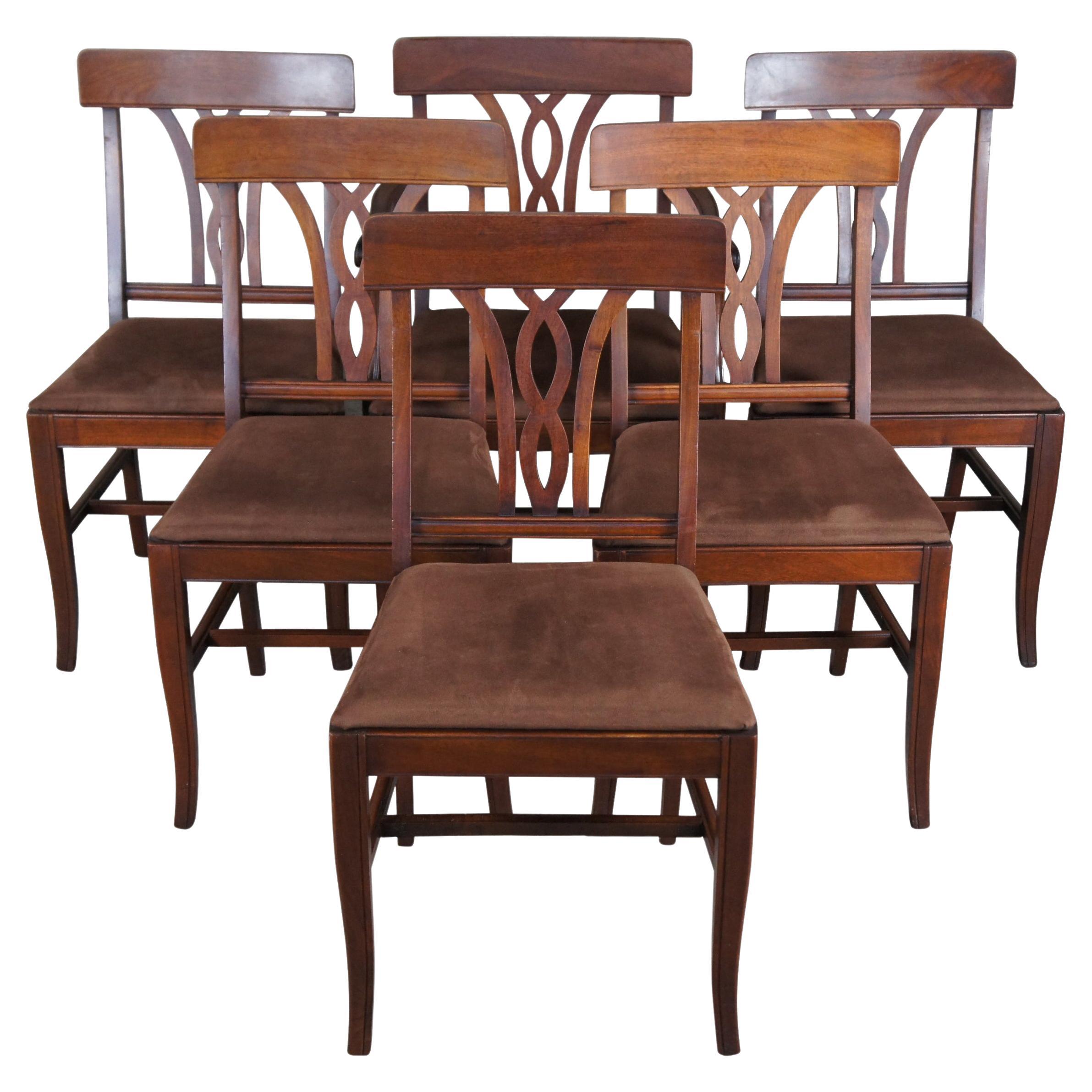6 American Antique Early 20th Century Walnut Dining Chairs Suede Seat