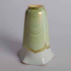 Six American Quezal Large Gilt and Green Pulled Feather Art Glass Light Shades
