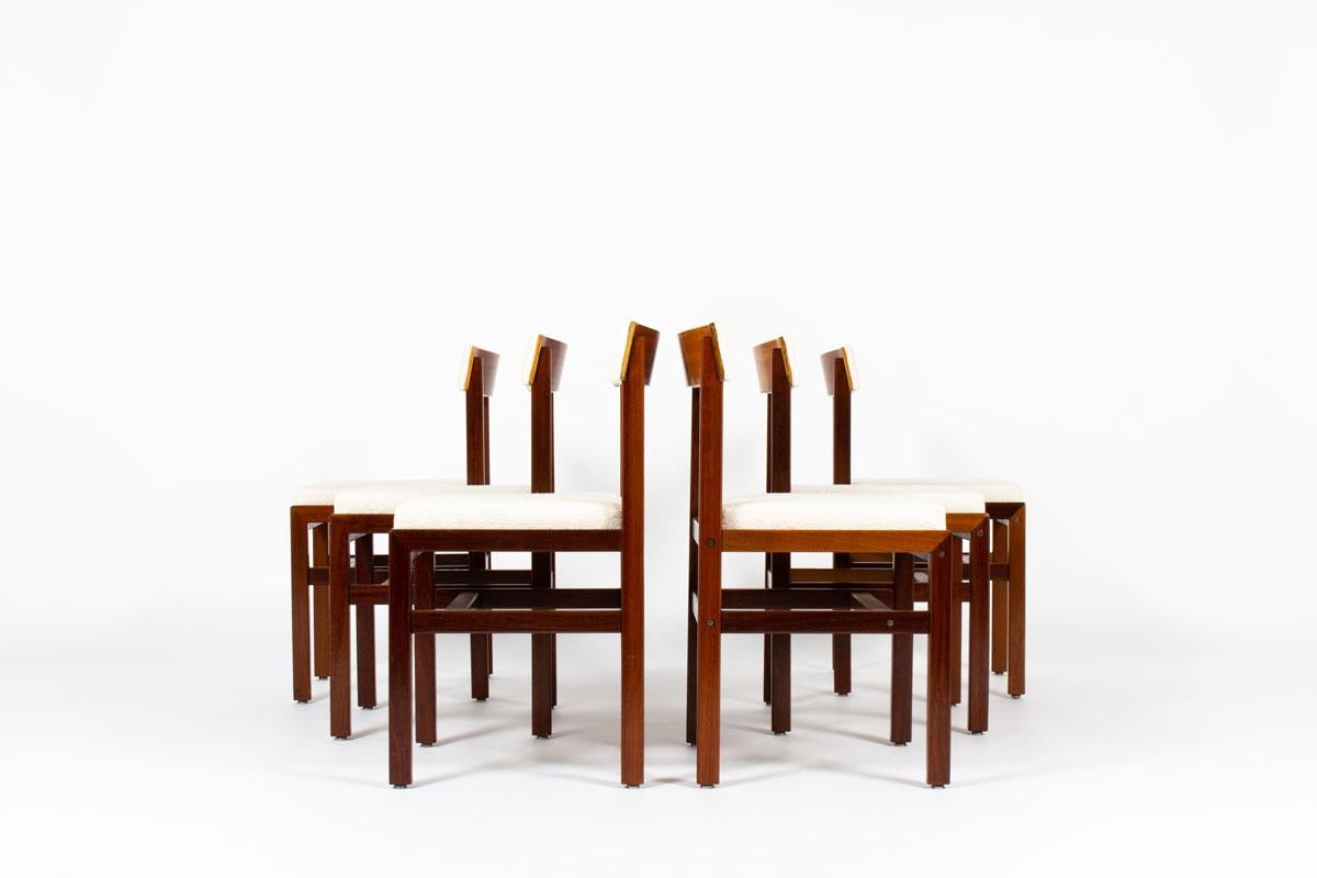 Set of 6 Andre Sornay chairs designed in France (Lyon) in the 1960s. 
Composed of solid wood structure and a back and seat in foam cover in white boucle fabric from France. 
The entire structure using the tigette system patented by the