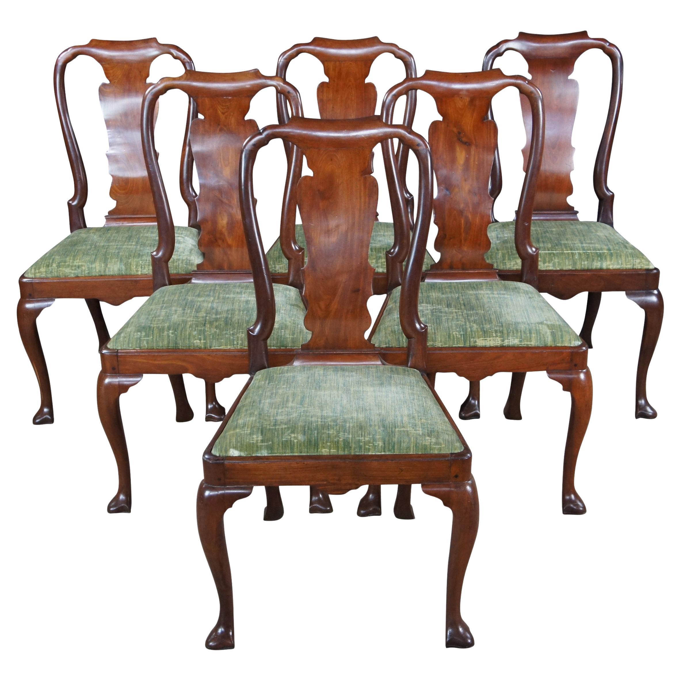 6 Sillas de Comedor Antiguas de Caoba Queen Anne del Siglo XVIII Asiento de Fieltro de Pie Trífido en venta