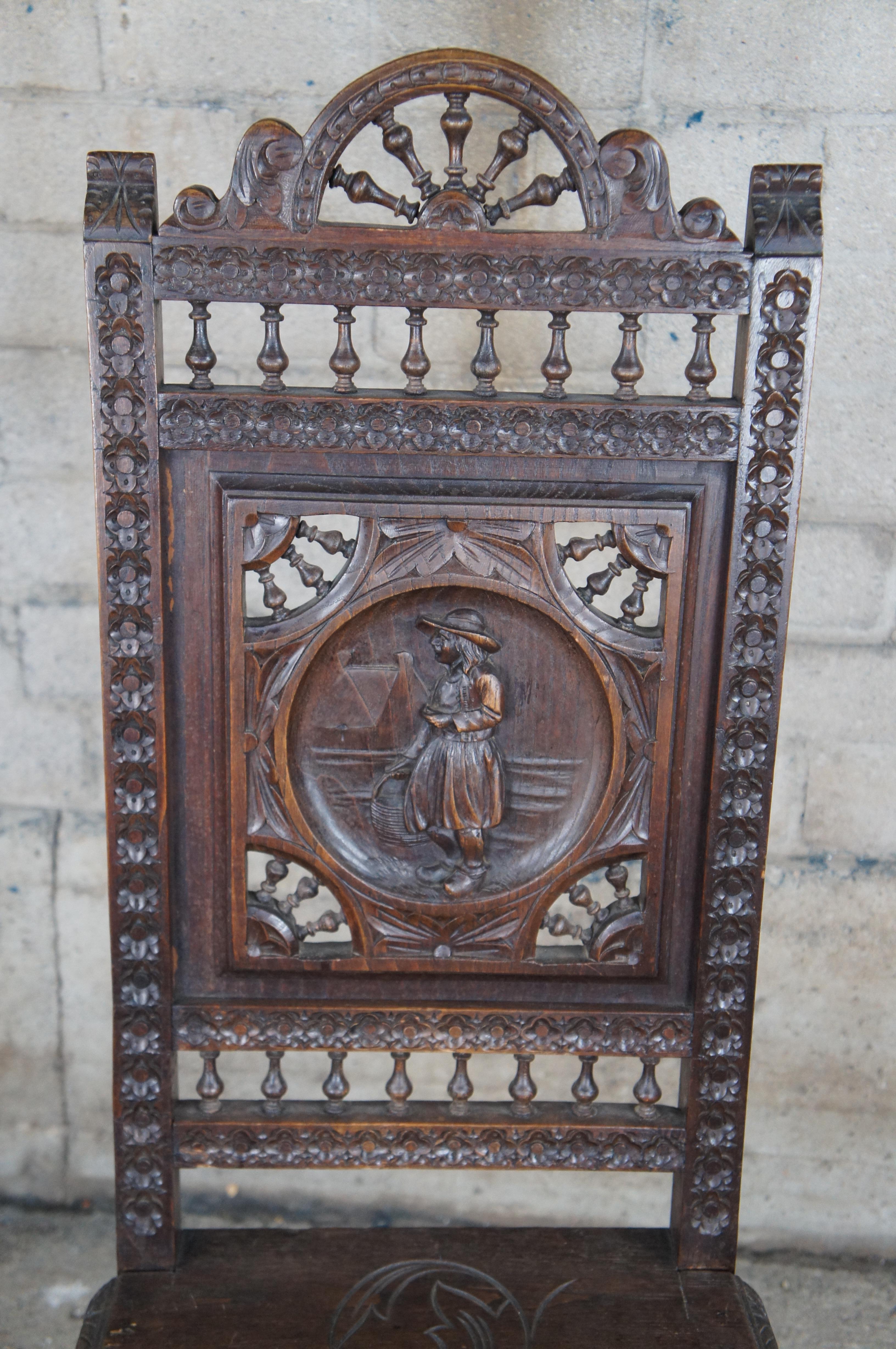 6 Antique 19th C. French Breton Brittany Figural Carved Chestnut Dining Chairs For Sale 1