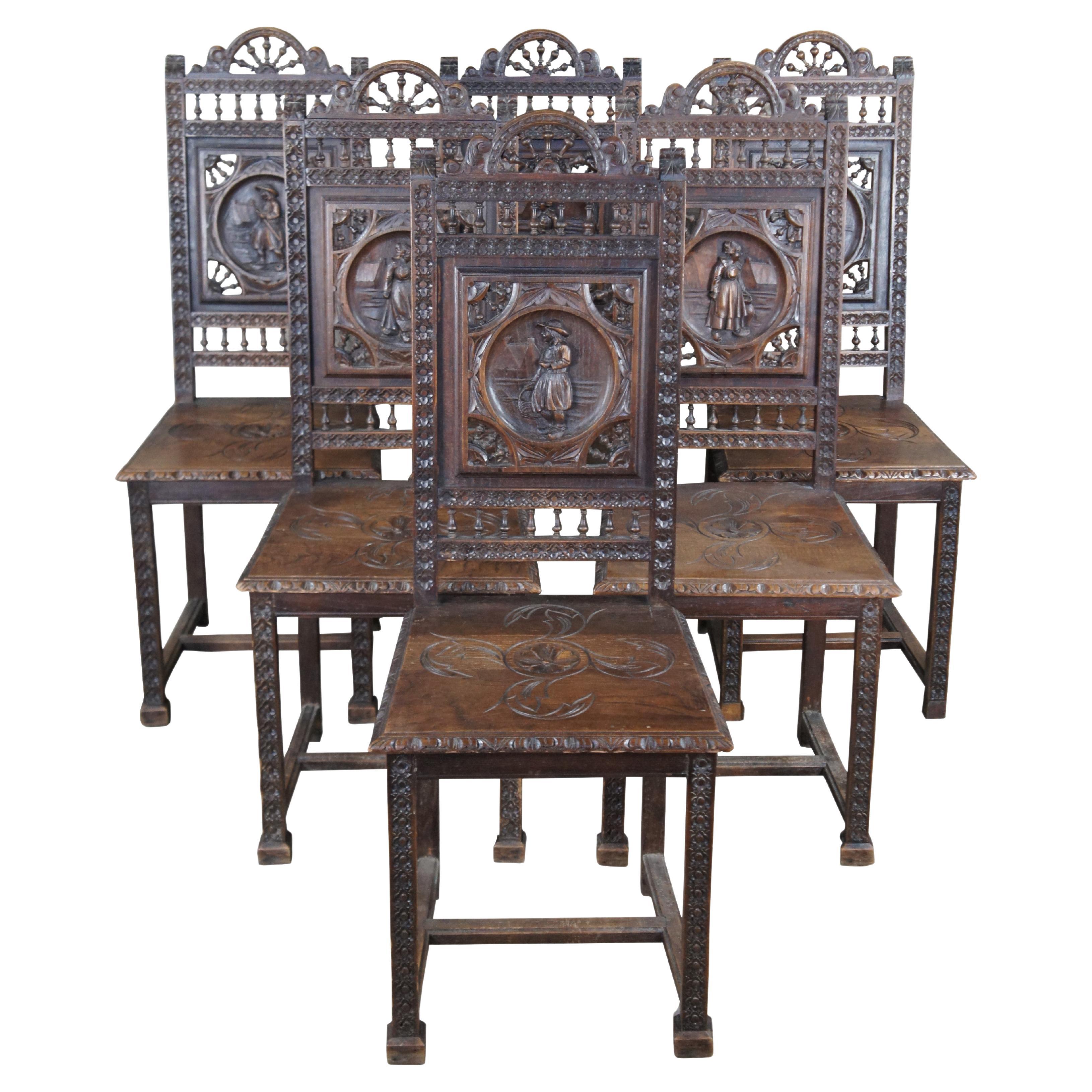 6 Antique 19th C. French Breton Brittany Figural Carved Chestnut Dining Chairs