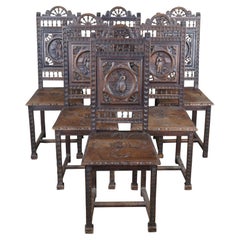 6 Sillas de Comedor Antiguas de Castaño Tallado Bretón Francés del S. XIX