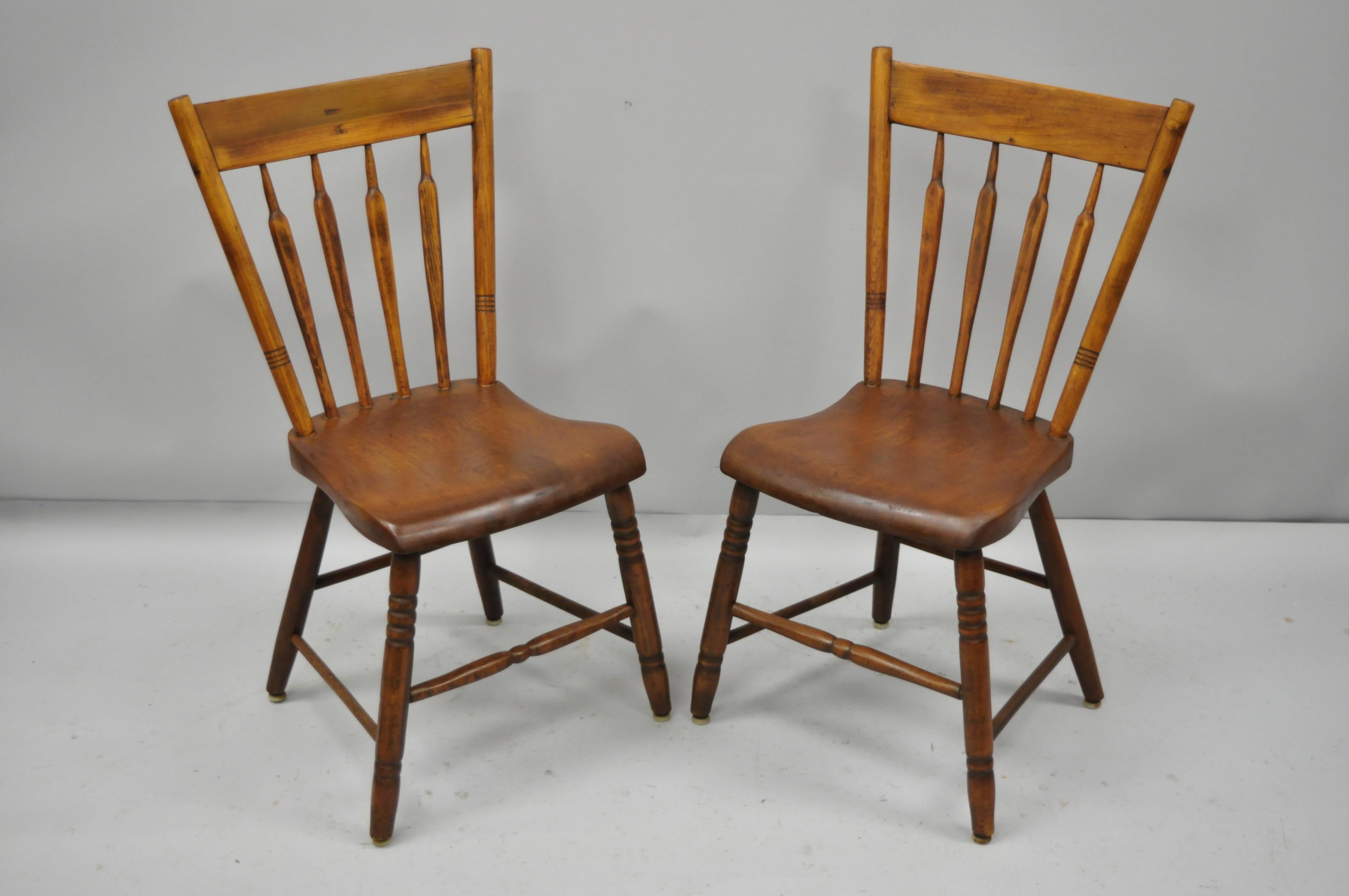 6 antique American colonial farmhouse Windsor Country dining chairs restored. Listing includes turn carved legs and stretchers, solid wood construction, beautiful wood grain, and quality American craftsmanship. Original owners had chairs