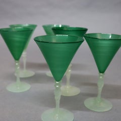 6 Antique Art Deco Steuben Jade Green & Alabaster Art Glass Stemware, circa 1930