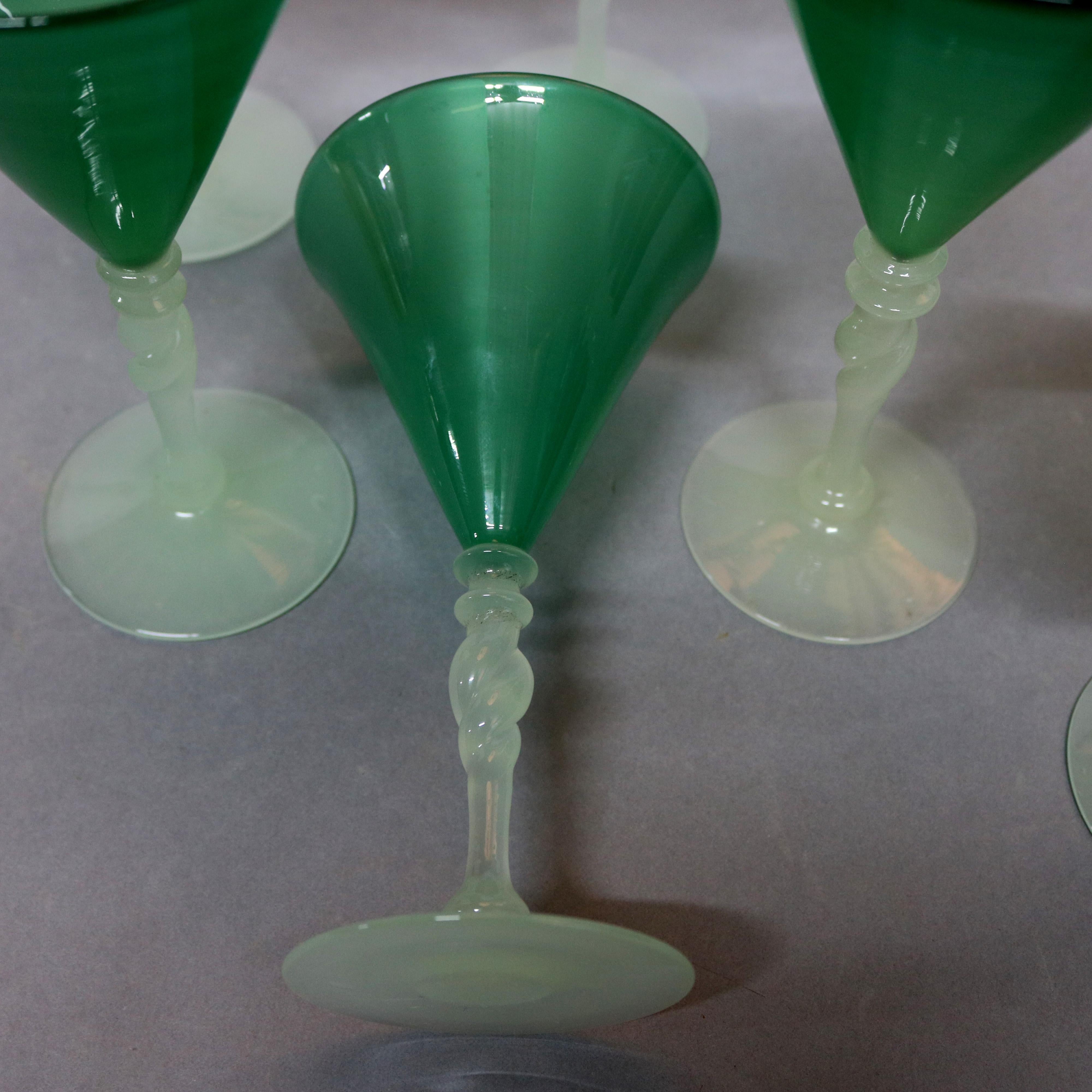 Hand-Crafted 6 Antique Art Deco Steuben Jade Green & Alabaster Art Glass Stemware, circa 1930