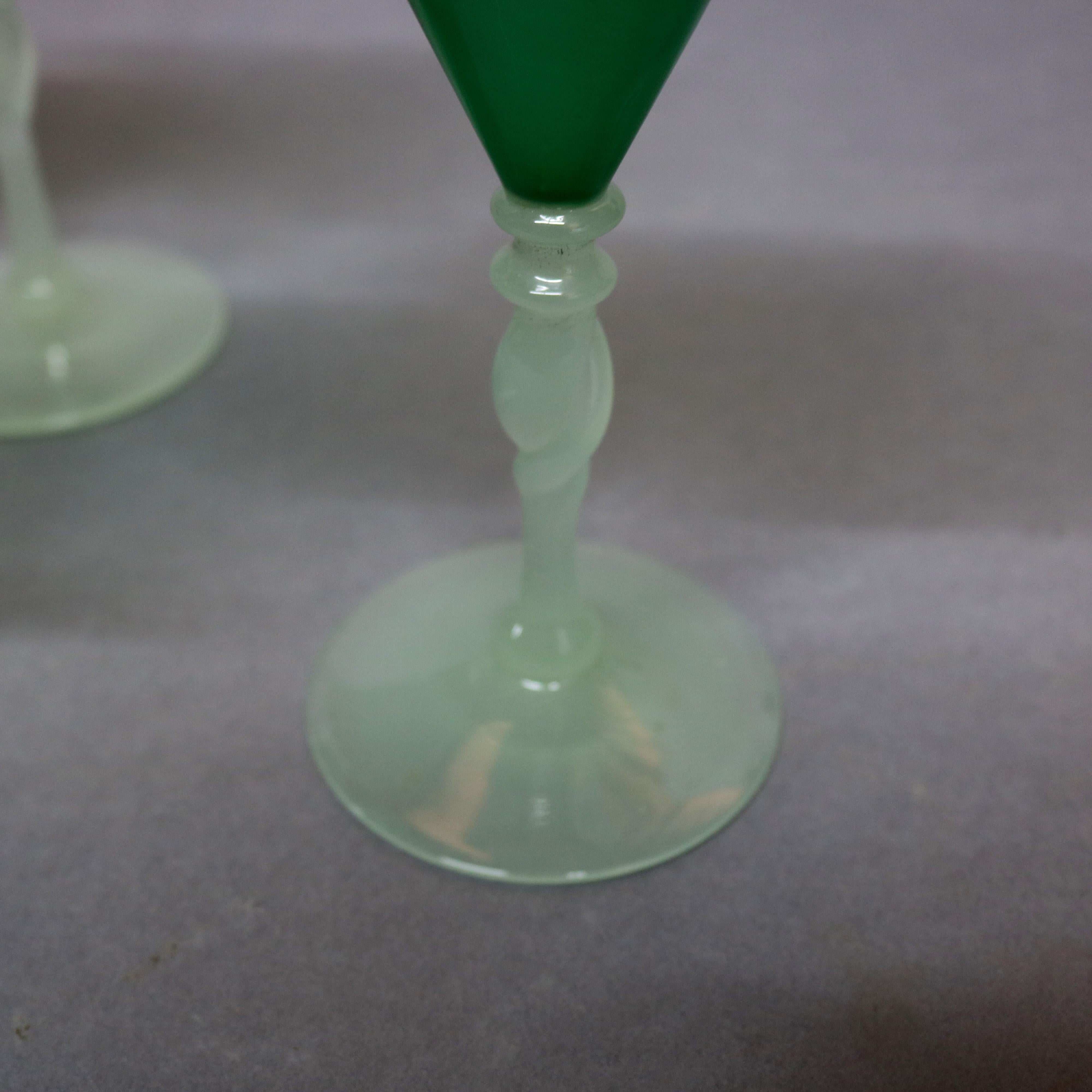 20th Century 6 Antique Art Deco Steuben Jade Green & Alabaster Art Glass Stemware, circa 1930