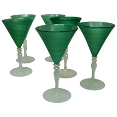 6 Antique Art Deco Steuben Jade Green & Alabaster Art Glass Stemware, circa 1930