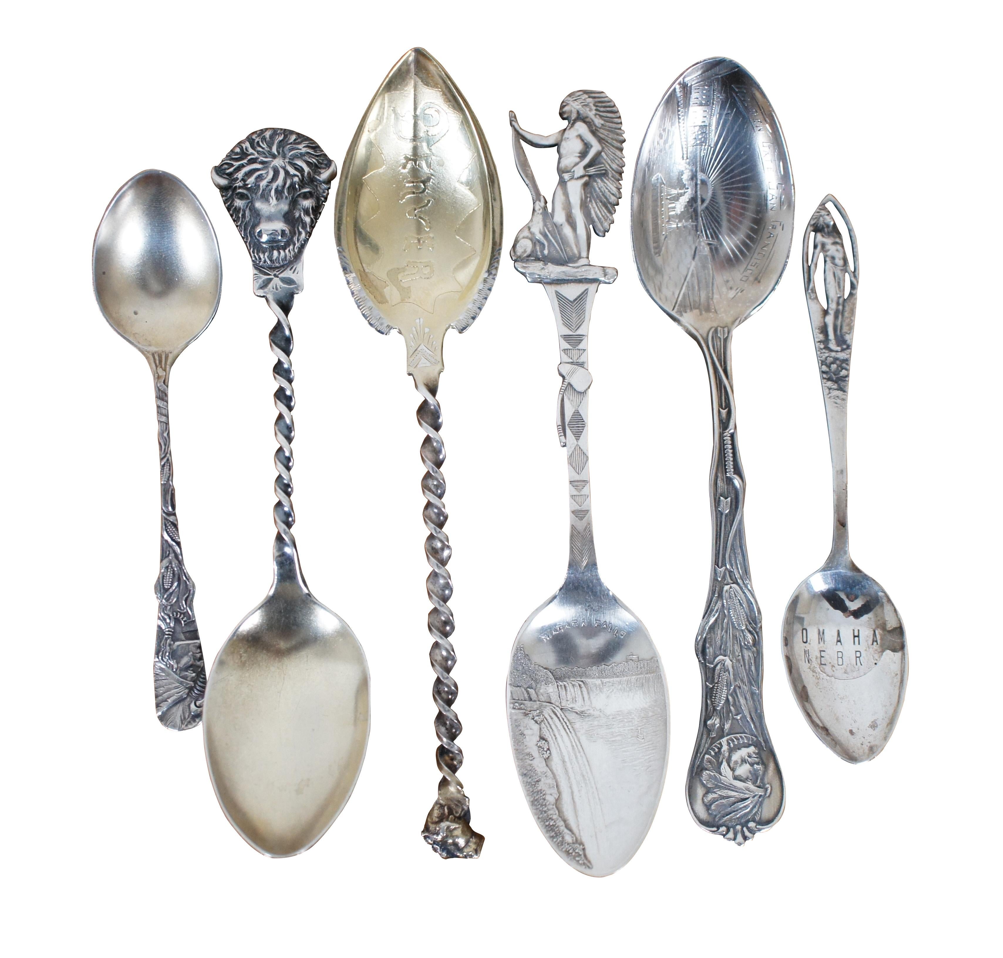 Lot of 6 antique / vintage sterling silver Western souvenir spoons featuring Native American figures / motifs. Makers include Paye & Baker, Colorado Silver, Lunt Silversmiths, Mechanics Silver Co, and Charles M. Robbins.

Largest - 5.625” x 1.25”