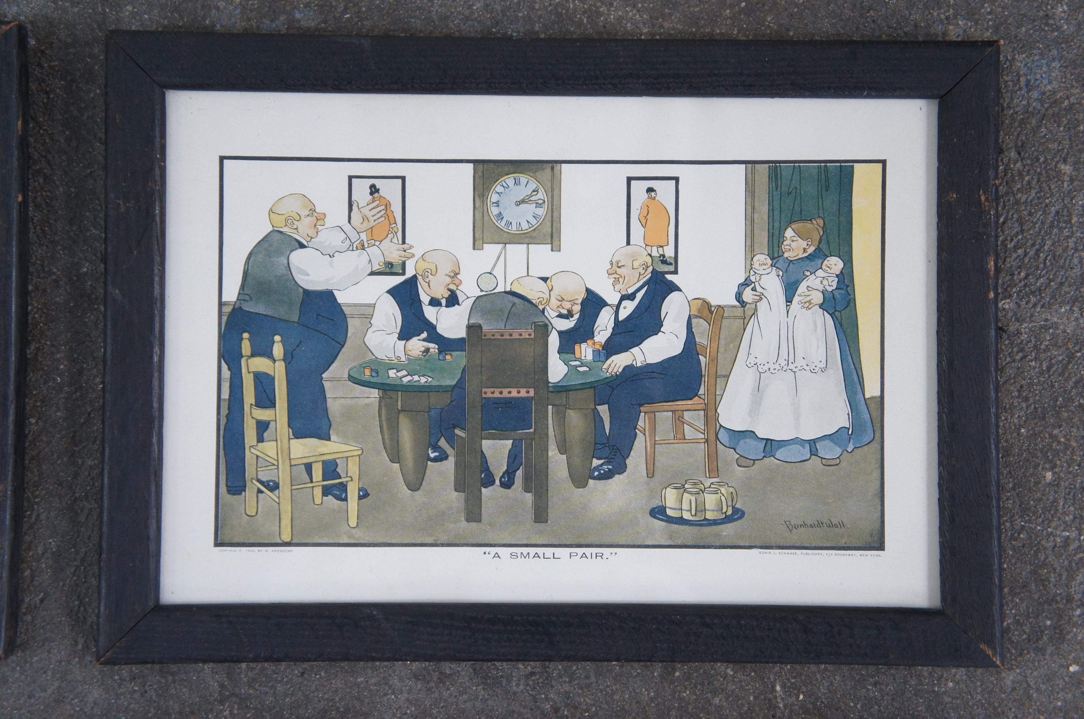 6 Antique Bernhardt Wall & Edmond Lavrate Illustrated Humor Lithographs Framed 1