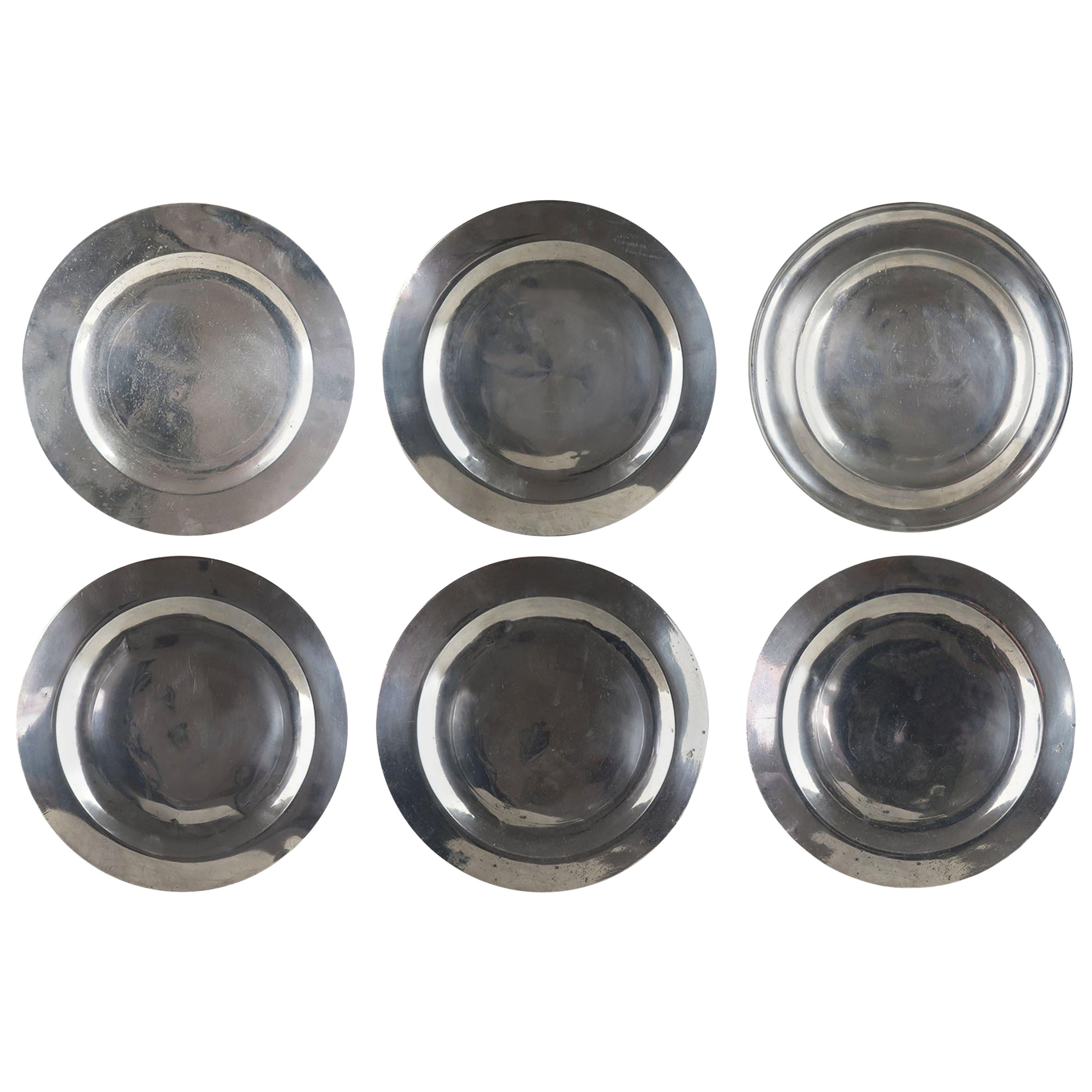 6 Antique Brightly Polished Pewter Chargers, English, 18th Century