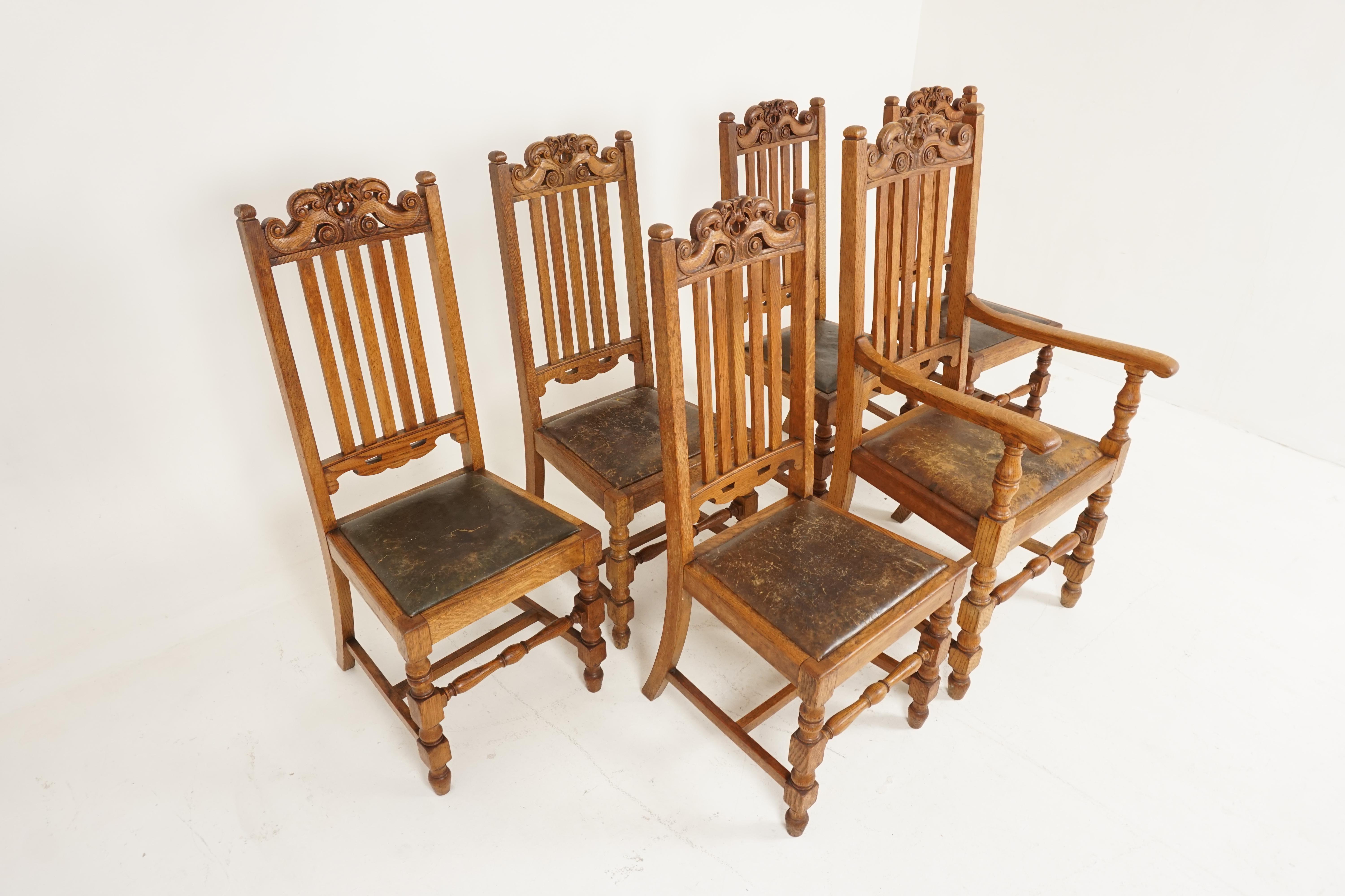 6 antique carved oak Arts & Crafts dining chairs, Scotland 1910, B2417

Scotland, 1910
Solid oak
Original finish
Having carved top rail above splat backs
Oak supports with finial on top
Carved lower rail above upholstered seat
Standing on