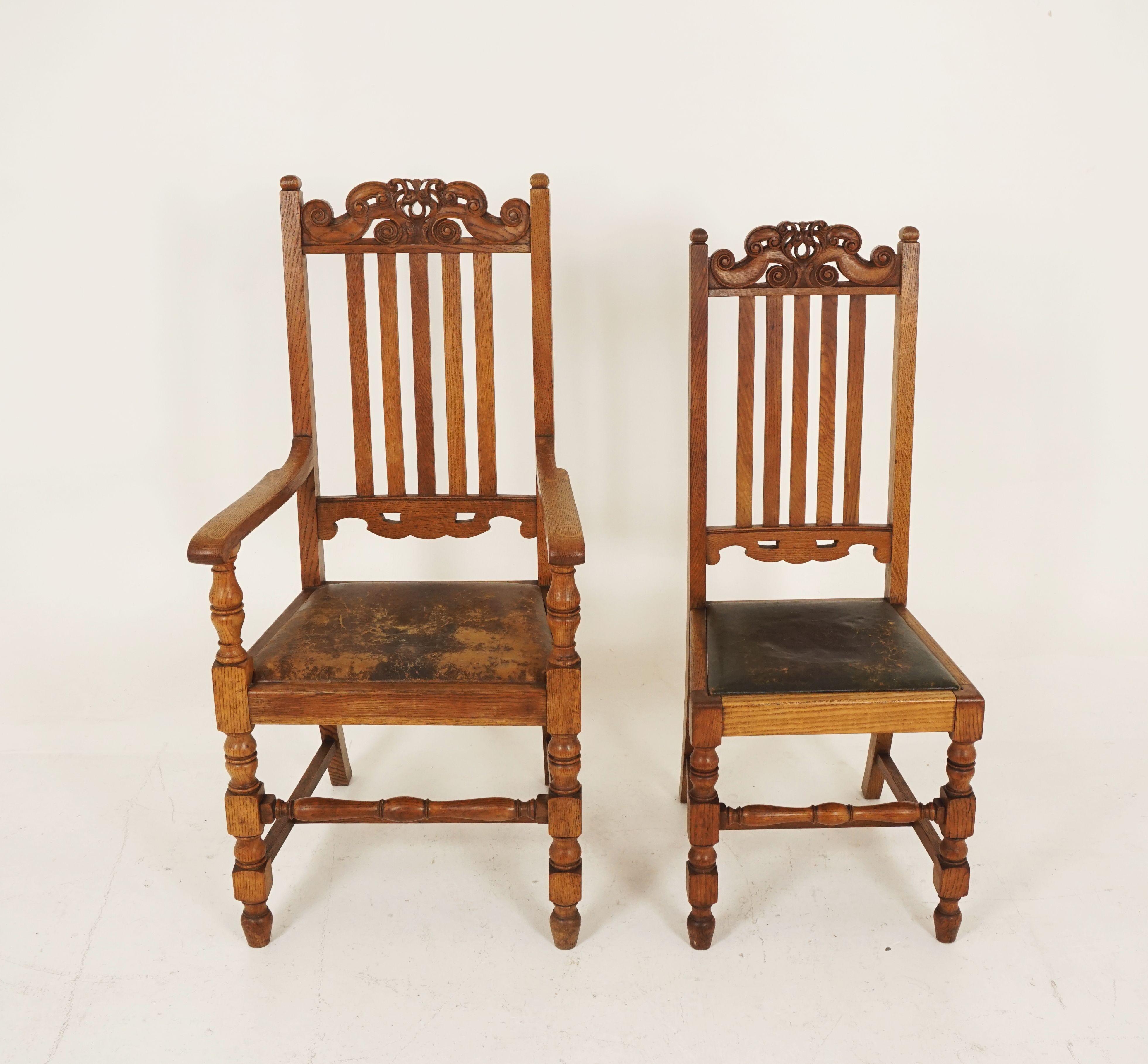 Scottish 6 Antique Carved Oak Arts & Crafts Dining Chairs '5 + 1', Scotland 1910, B2417