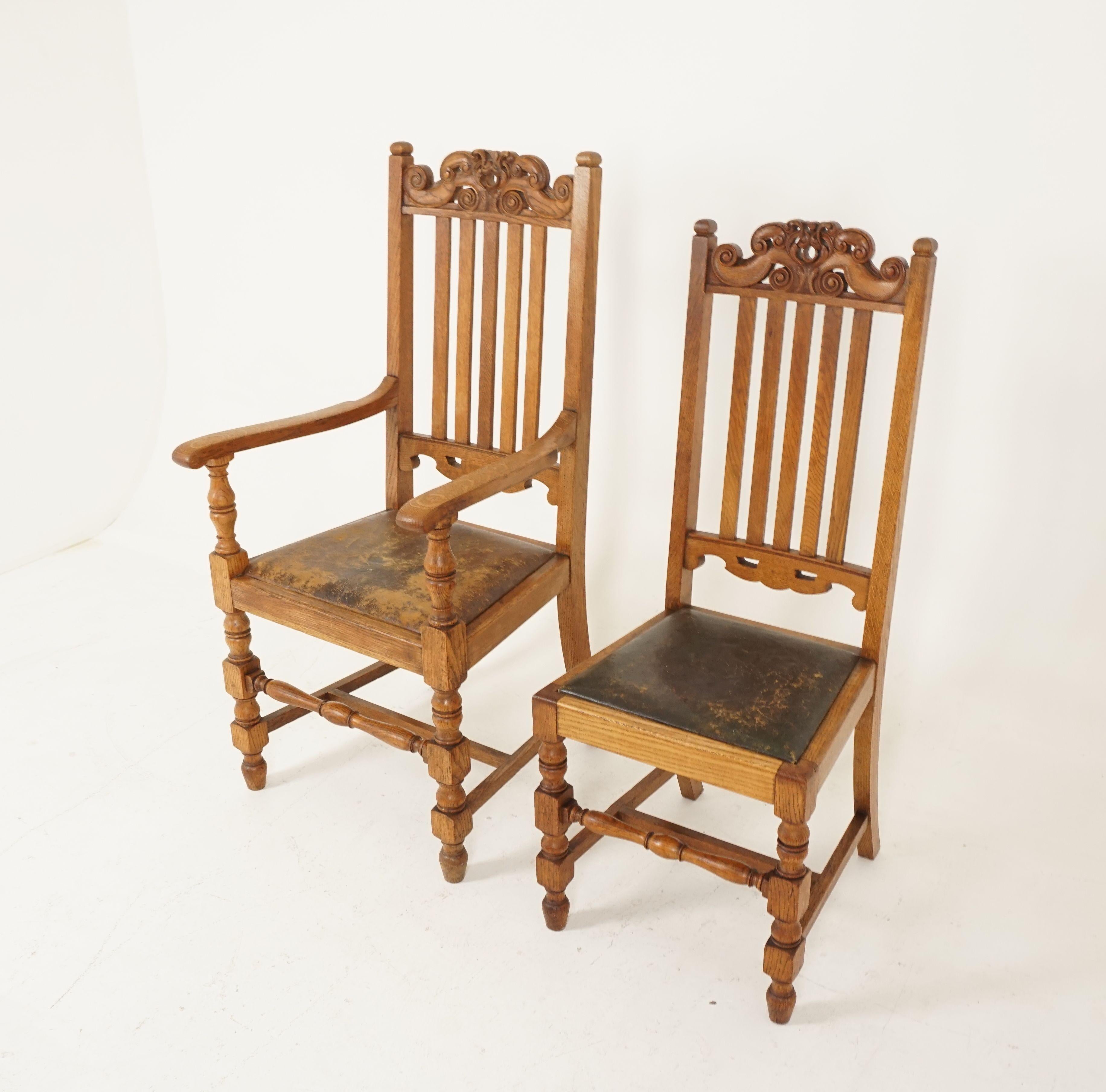 Hand-Crafted 6 Antique Carved Oak Arts & Crafts Dining Chairs '5 + 1', Scotland 1910, B2417