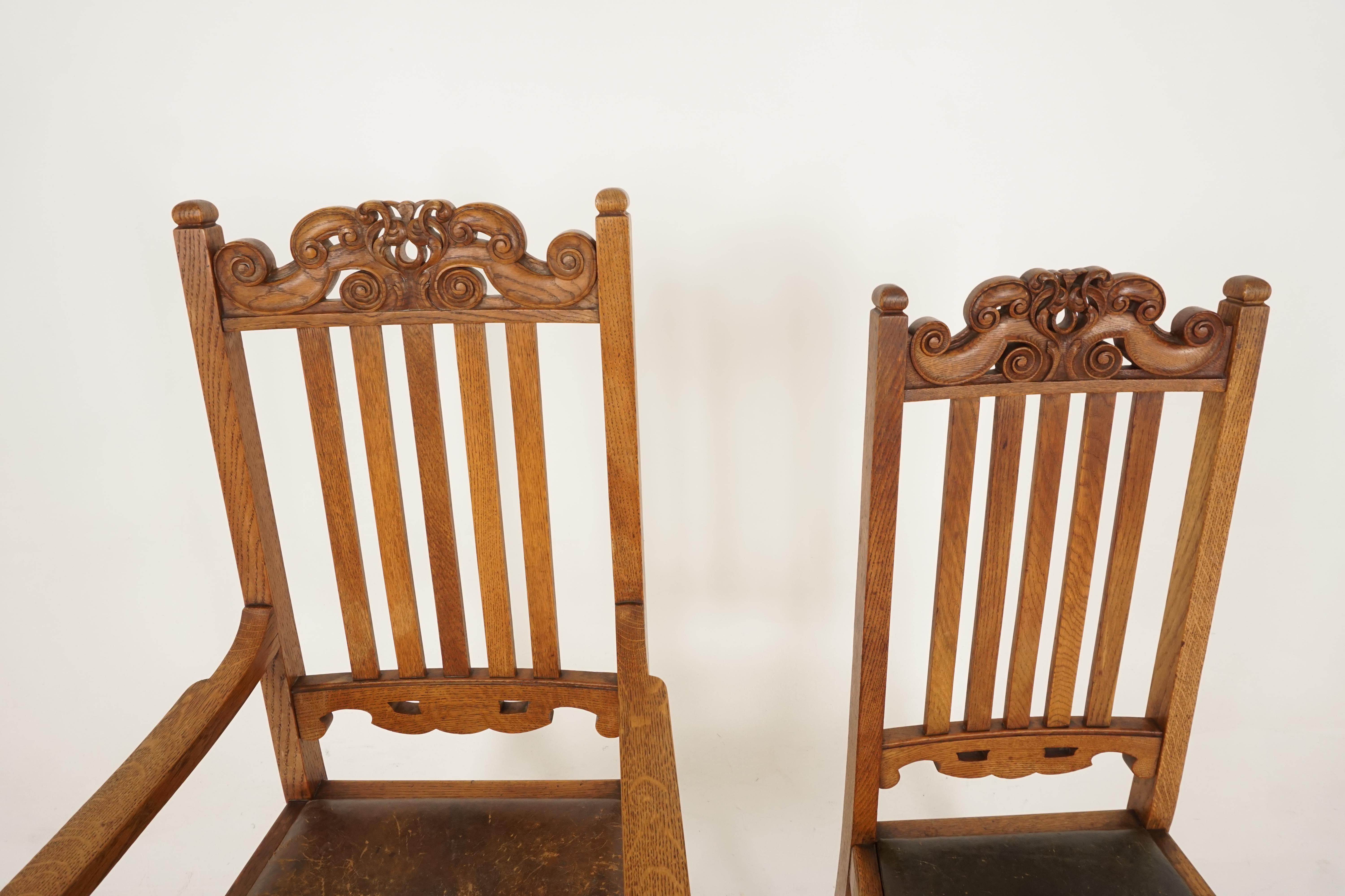 6 Antique Carved Oak Arts & Crafts Dining Chairs '5 + 1', Scotland 1910, B2417 In Good Condition In Vancouver, BC