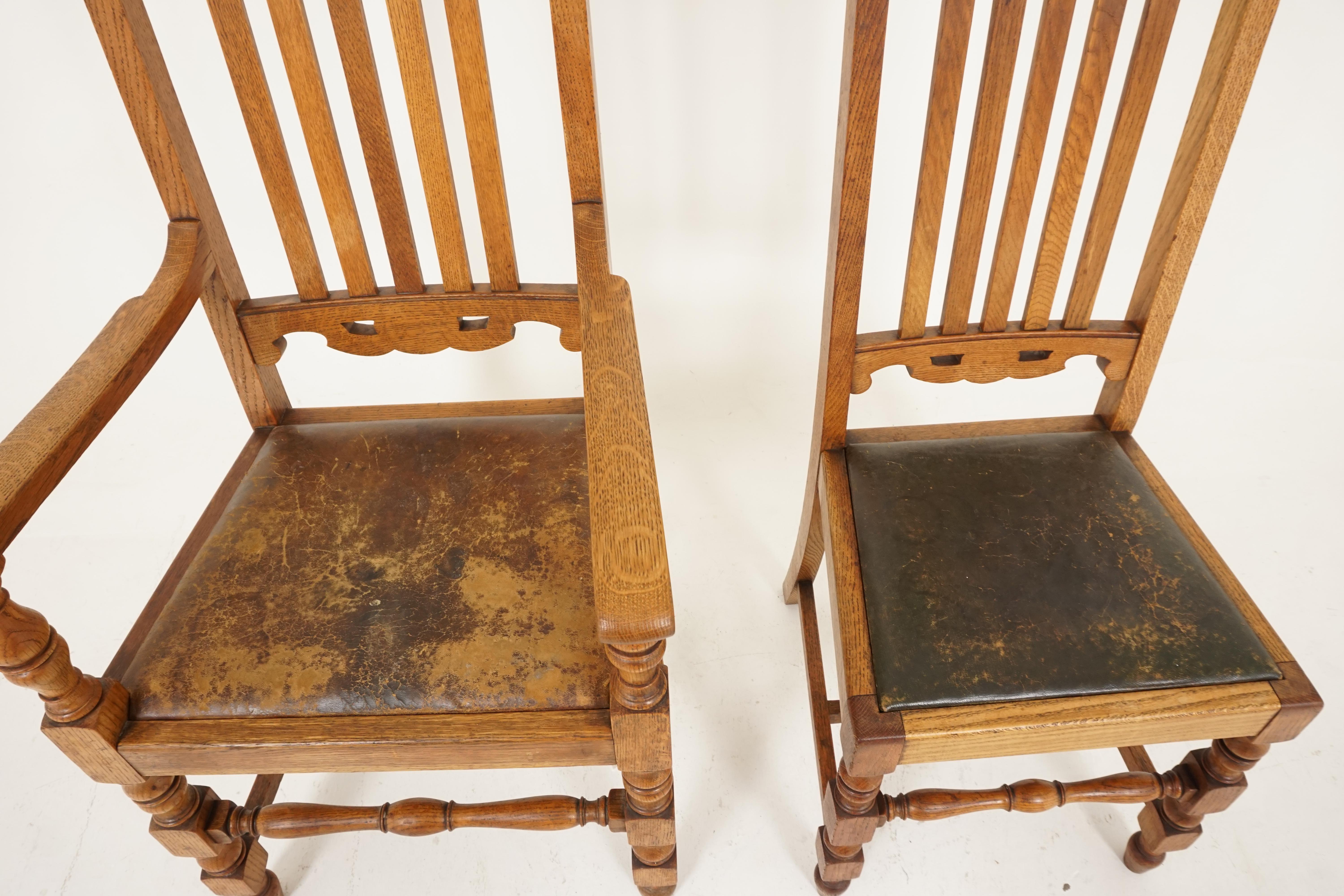 Early 20th Century 6 Antique Carved Oak Arts & Crafts Dining Chairs '5 + 1', Scotland 1910, B2417