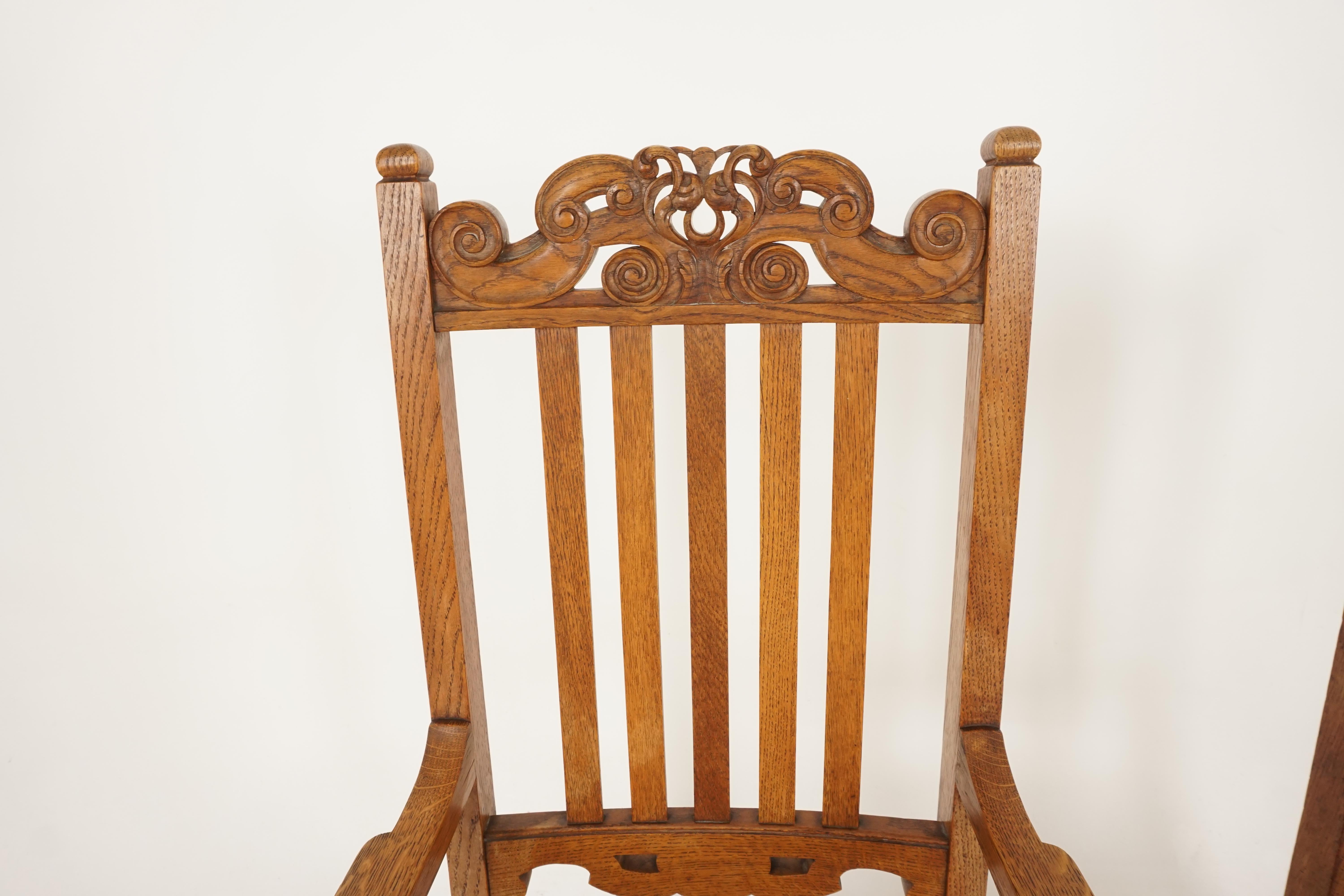 6 Antique Carved Oak Arts & Crafts Dining Chairs '5 + 1', Scotland 1910, B2417 2