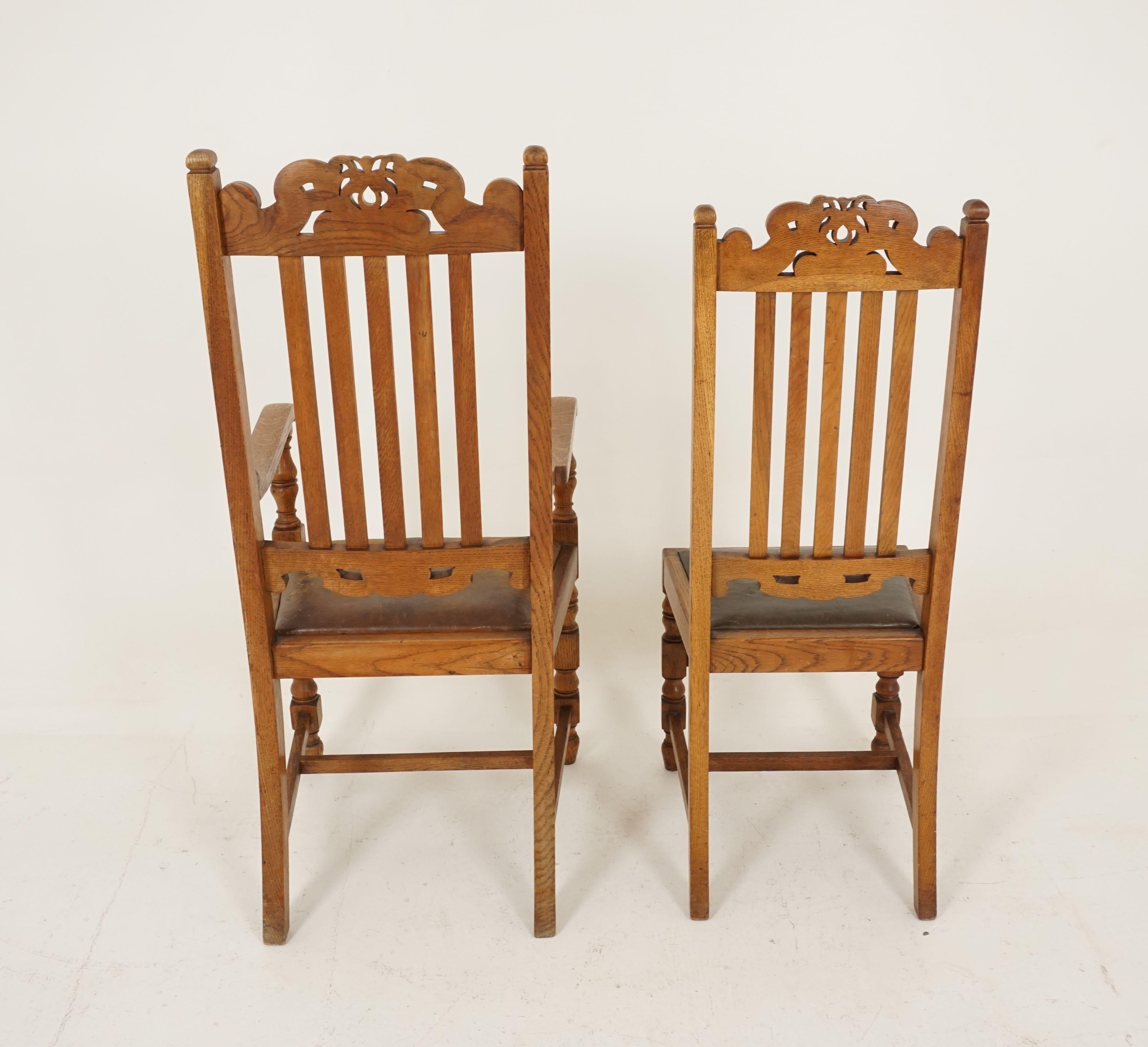 6 Antique Carved Oak Arts & Crafts Dining Chairs '5 + 1', Scotland 1910, B2417 3
