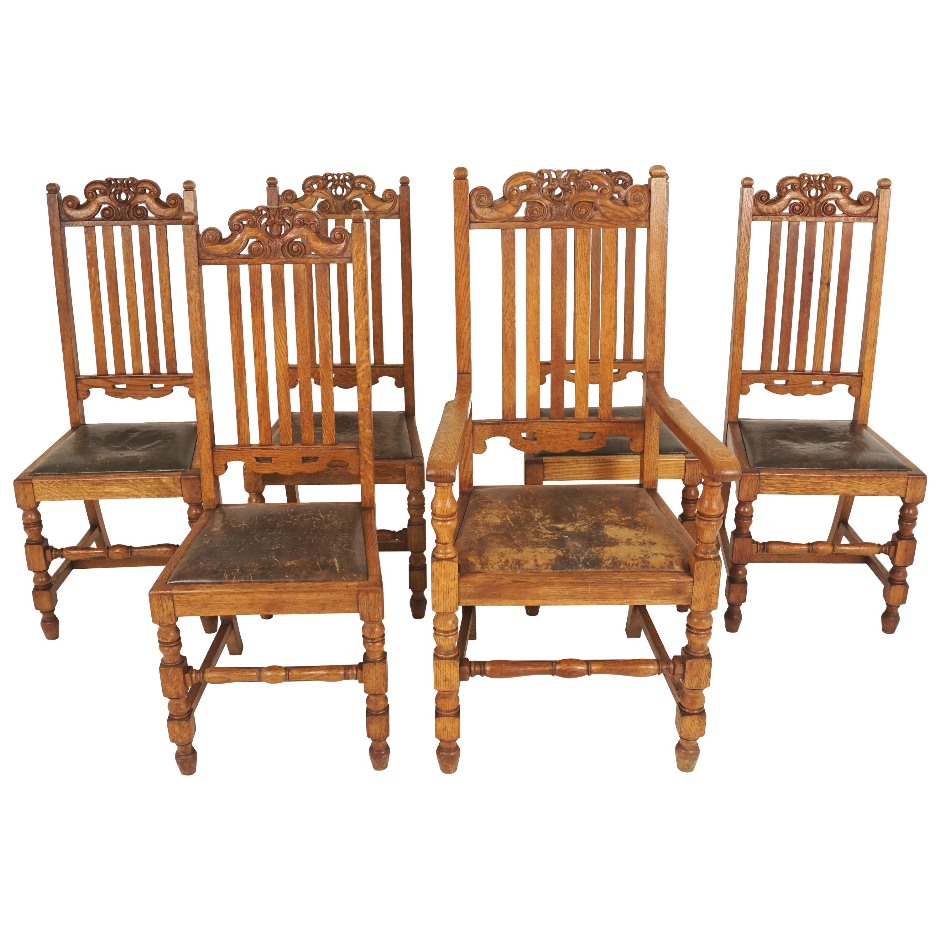 6 Antique Carved Oak Arts & Crafts Dining Chairs '5 + 1', Scotland 1910, B2417